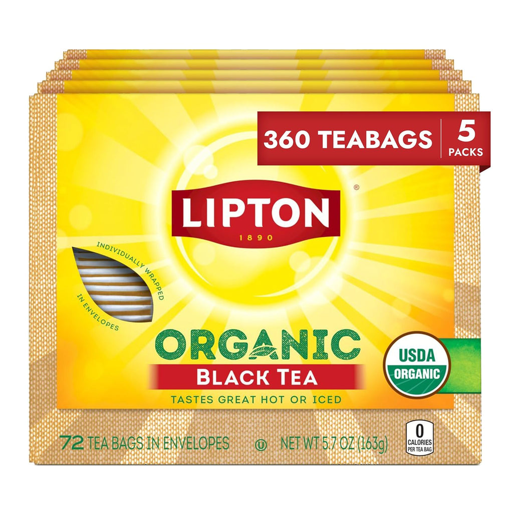 Lipton Organic Black Tea Bags, Hot or Iced Caffeine Tea, 360 Total Bags (72ct - Pack of 5)