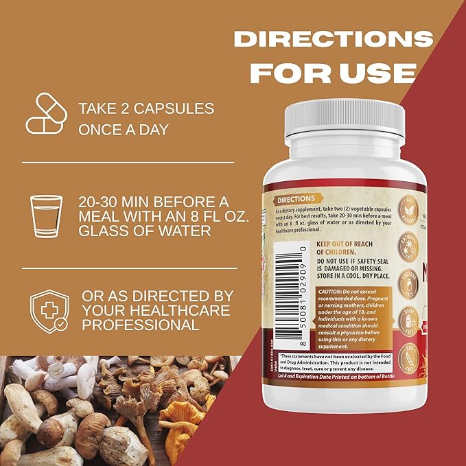 All Natural Mushroom Complex 10 in 1 | Daily Immune & Energy Support | Lions Mane, Chaga, Resihi | Gluten Free, Dairy Free, Soy Free | 60 Capsules | Made in The USA.
