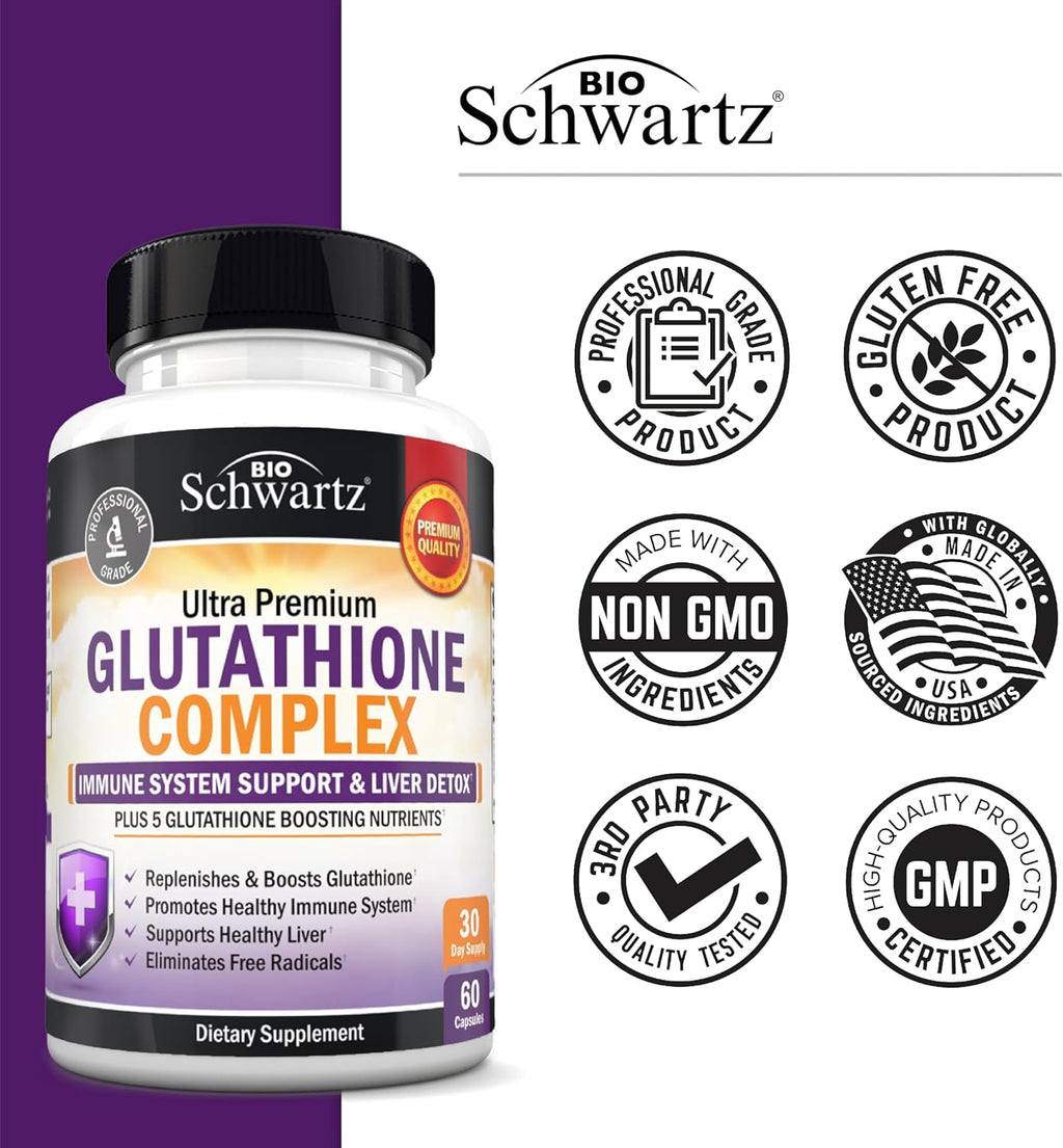 BioSchwartz Glutathione Supplement Liver Detox with Quercetin Vitamin C Milk Thistle Alpha Lipoic Acid - Liver Supplement Immune Support Pills - Immunity Defense Health Formula and Cleanse 500mg 60ct