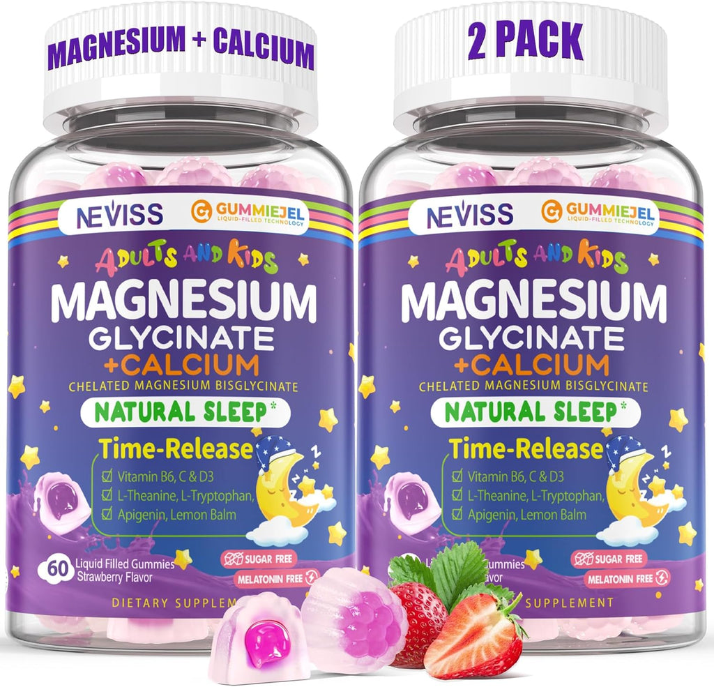 Neviss Magnesium Glycinate + Calcium Filled Gummies for Adults and Kids 4+, Kids Sleep Gummies Melatonin Free, No Sugar Magnesium Supplement w/B6 D3, L-Theanine for Zzz Relax, Brain,Bone,Muscle 2Pack