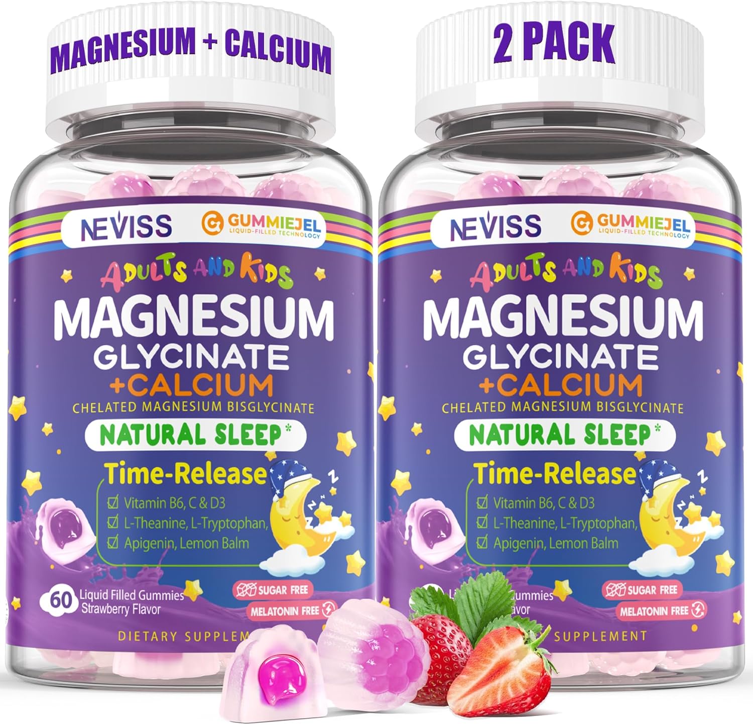 Neviss Magnesium Glycinate + Calcium Filled Gummies for Adults and Kids 4+, Kids Sleep Gummies Melatonin Free, No Sugar Magnesium Supplement w/B6 D3, L-Theanine for Zzz Relax, Brain,Bone,Muscle 2Pack