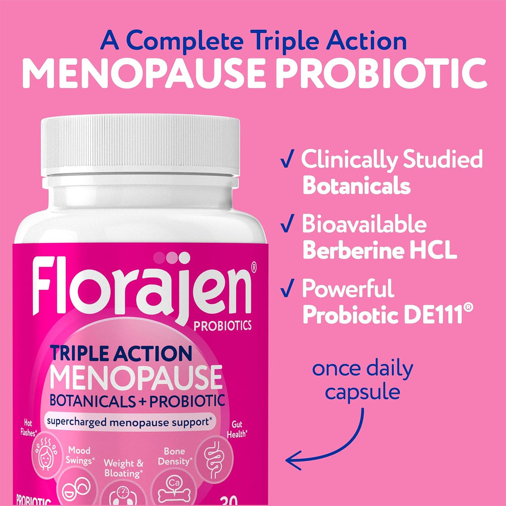 Florajen Triple-Action Menopause Probiotic - Hormonal Balance, Hot Flash, & Mood Swing Relief - Weight Management & Digestive Support - Featuring Berberine, Black Cohosh, & Botanical - 30 Capsules