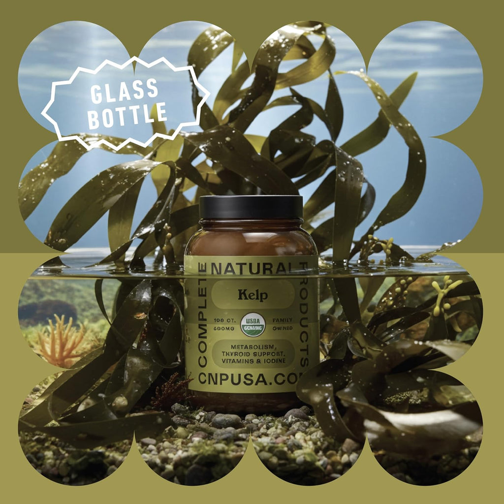 Complete Natural Products Raw Sea Kelp Powder Supplement - 600mg Capsules 100 Pills Powdered Raw Seaweed & Thyroid Support Supplement