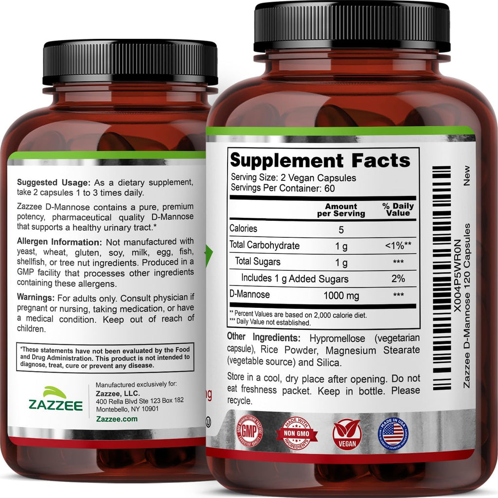 Zazzee D-Mannose, 1000 mg per Serving, 120 Vegan Capsules, 2 Month Supply, Potent & Fast-Acting, Certified Kosher, 100% Pure, All-Natural Urinary Tract Health Support, 100% Vegetarian, Non-GMO
