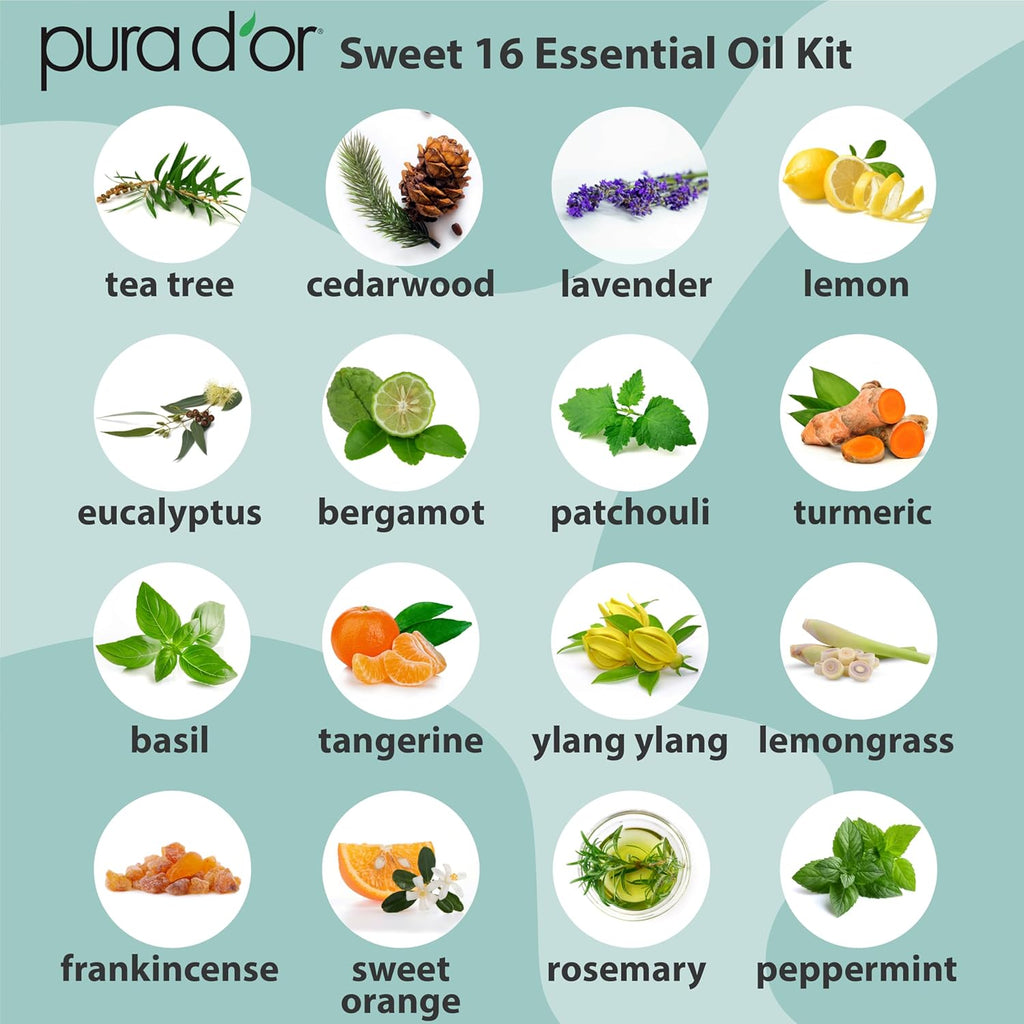 PURA D'OR Organic Sweet16 Essential Oils Set - 16x 10mL Wood Box Aromatherapy Gift Set - 100% Pure Therapeutic Grade for Relaxation and Wellness (Lavender, Rosemary, Turmeric, Ylang Ylang & More)