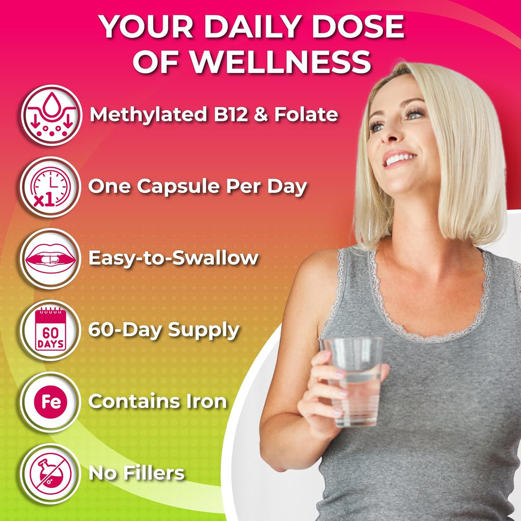 Women's Daily Multivitamin with Iron - Vegan Methylated Multivitamin for Women with Biotin, Organic Superfoods, Probiotics, B-Complex - Energy, Gut & Optimal Health Support – Easy to Swallow Capsules