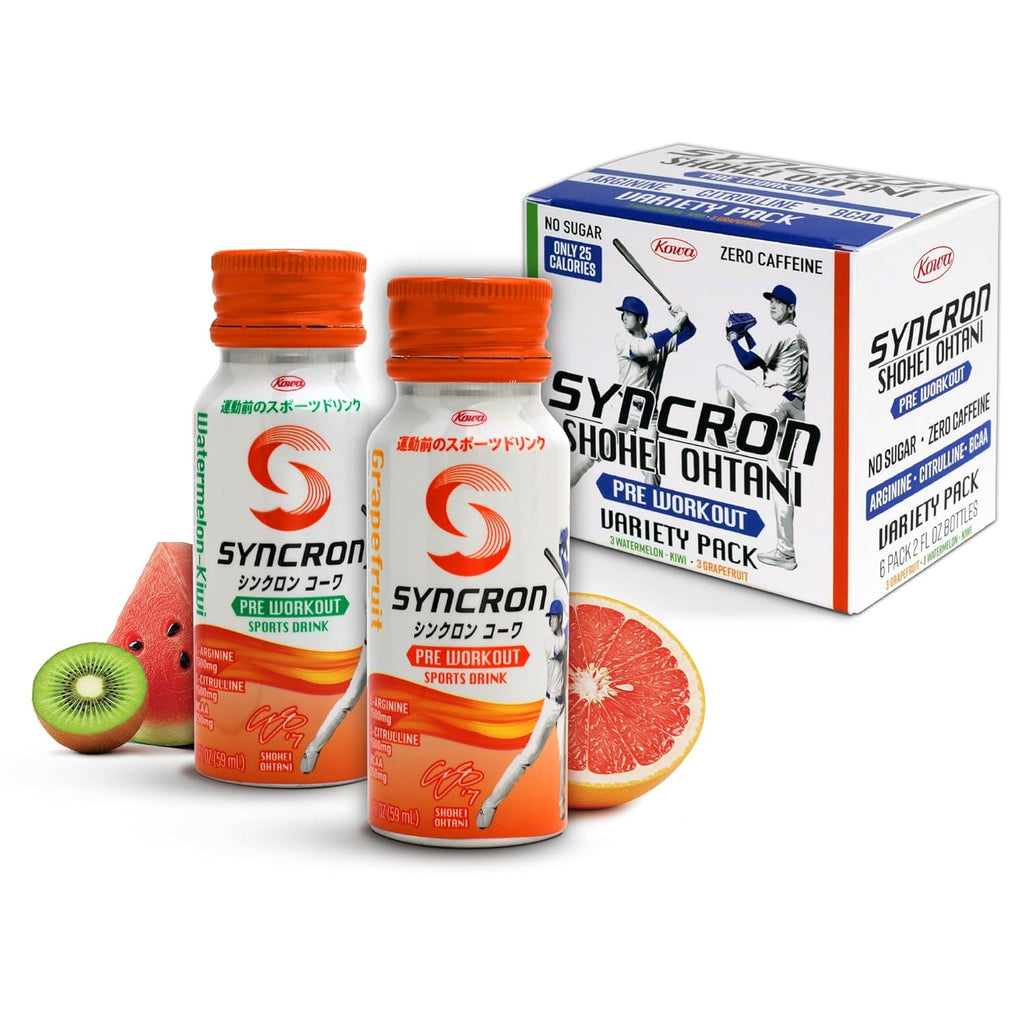 Syncron Pre Workout Sports Drink Endorsed by Shohei Ohtani, Aluminum Bottled, Sugar Free Energy Drink, L Arginine, L Citrulline & BCAAs, Energy Shot, Watermelon Kiwi & Grapefruit, Variety 6 Pack, 2 oz