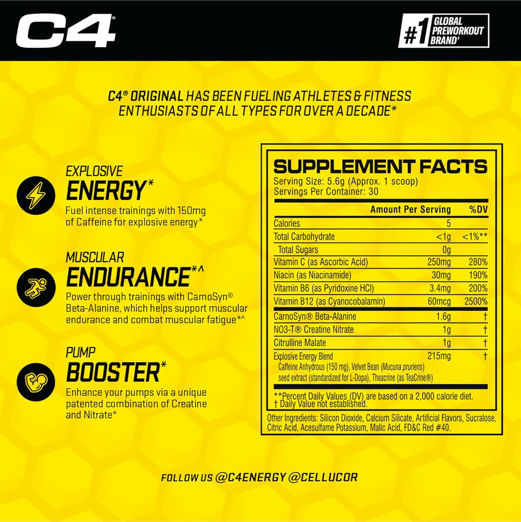Cellucor C4 Original Pre Workout Powder Watermelon Sugar Free Preworkout Energy Supplement for Men & Women 150mg Caffeine + Beta Alanine + Creatine 30 Servings