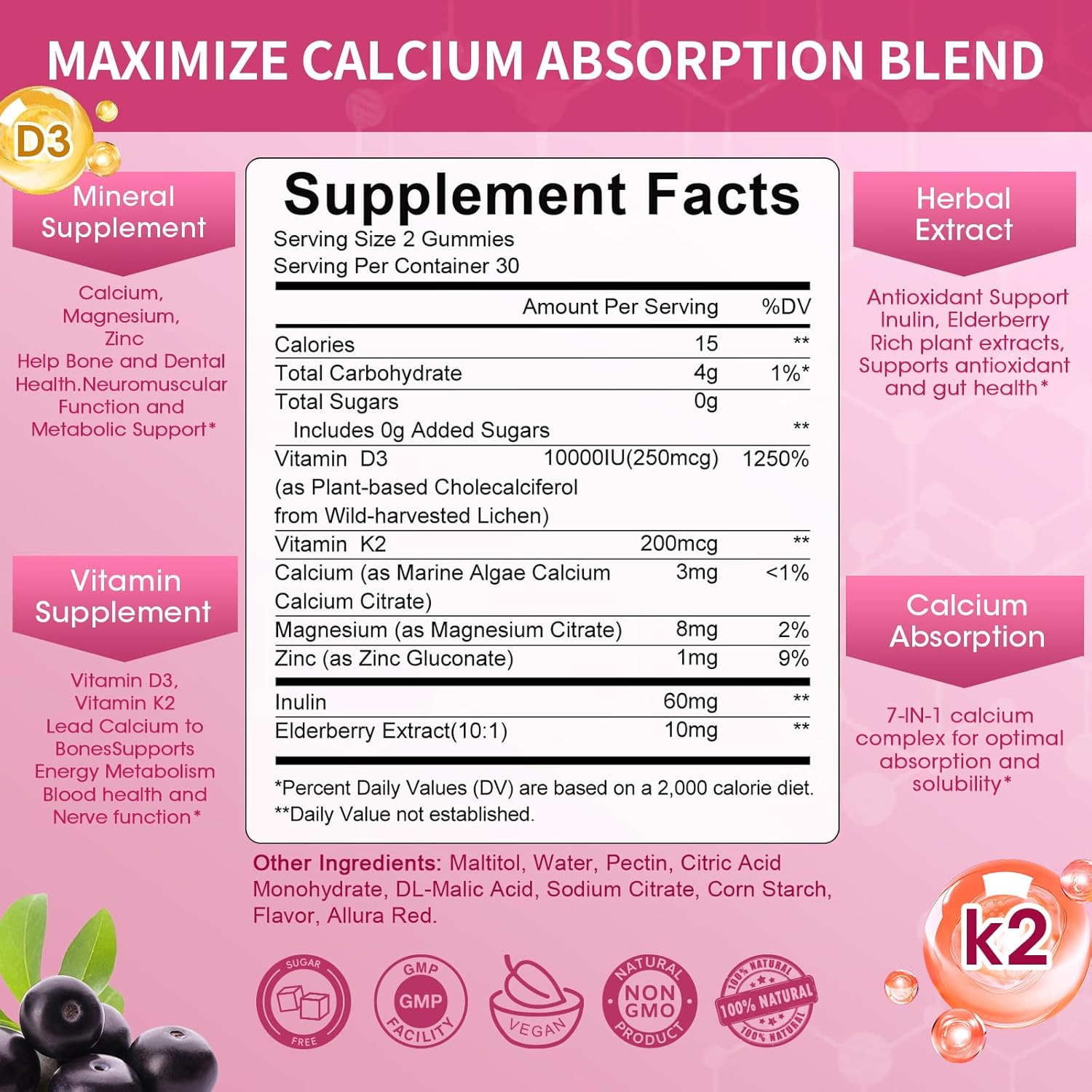 Vitamin D3 10000 IU + K2 (MK-7) 200mcg w/Calcium Magnesium Zinc Elderberry & Inulin-Highly Bioavailable-Enhanced Absorption for Immune & Bone Support- K2 D3 Vitamin Supplement-Vegan Gummies