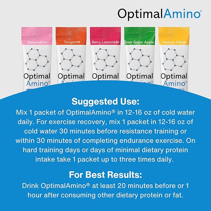OptimalAmino OTG Stick Packs, 5 Flavor Variety Box (30 Count), 99% Utilized Essential Amino Acid (EAA) Supplement, Increase Muscle Recovery, Vegan/Keto Pre/Post Workout, NSF Certified for Sport