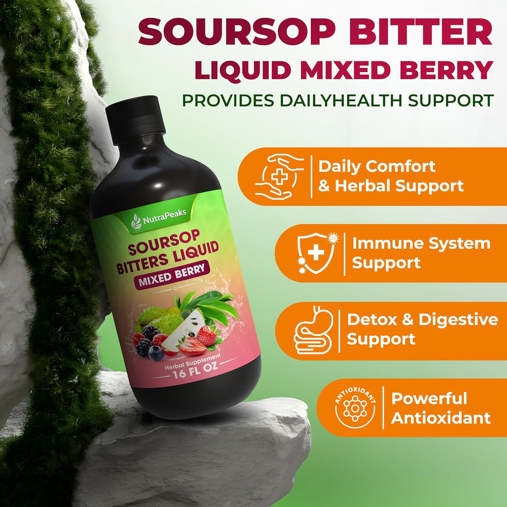 Soursop Bitters Liquid – Herbal Detox Formula with Soursop, Ginger, Turmeric & Black Seed Mixed Berry Flavor – Supports Digestive Balance & Immune Wellness – 16 fl oz