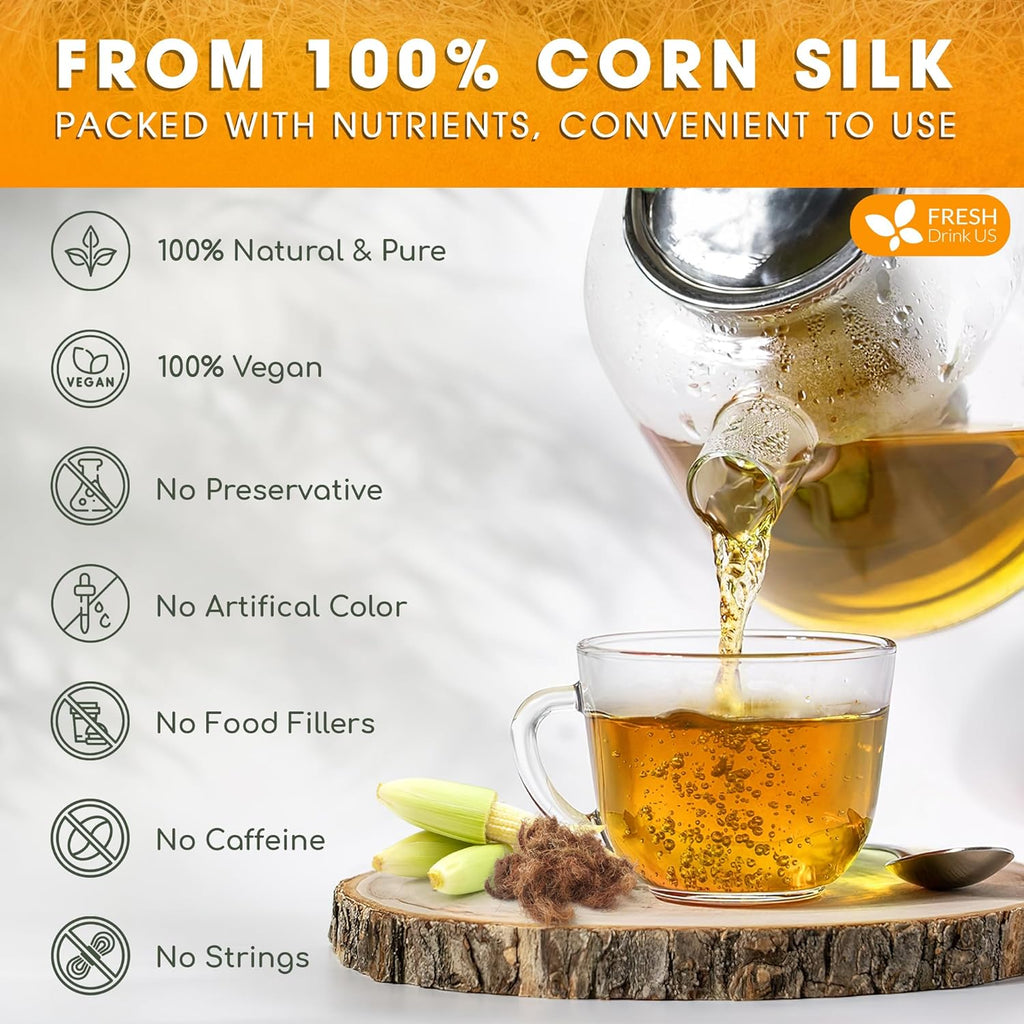 FreshDrinkUS, Premium 75 Tea Bags Corn Silk Tea, 100% Natural & Pure from Corn Silk. Corn Silk Herbal Tea. Clean Ingredients. Made with Natural Material Tea Bags. No Sugar, No Caffeine, Vegan.