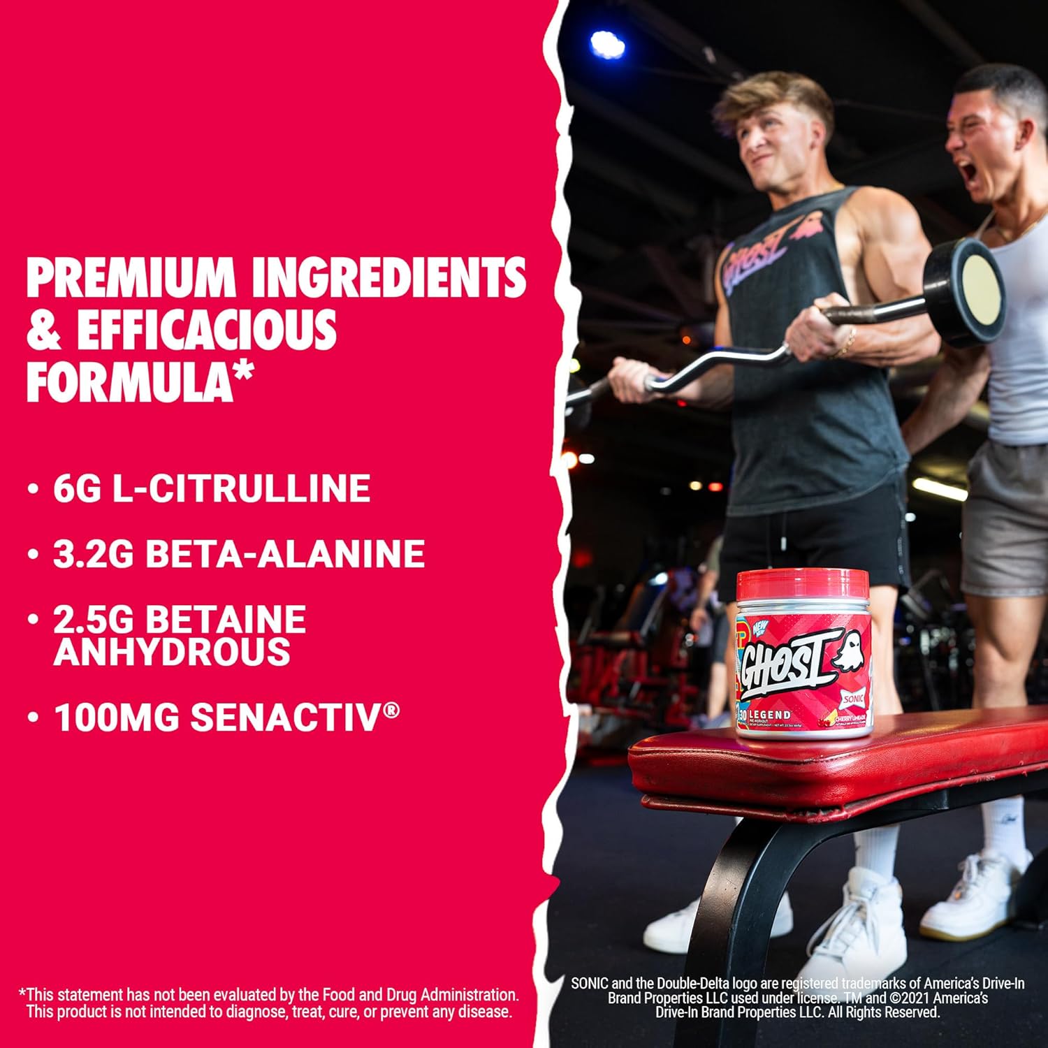 GHOST Legend Pre-Workout Powder, Sonic Cherry Limeade - 30 Servings – Pre-Workout for Men & Women with Choline, L-Citrulline, & Beta Alanine for Energy & Focus