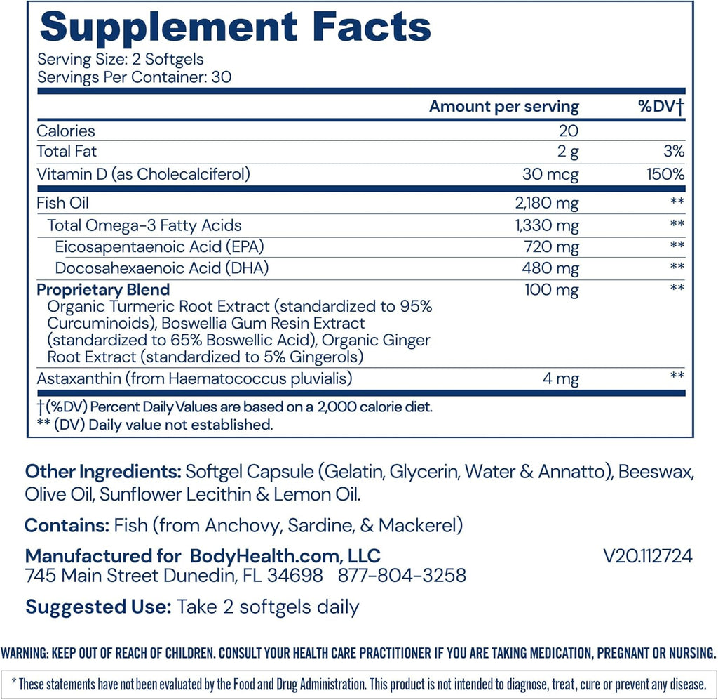 BodyHealth Omega 3 Health, Fish Oil Supplement for Women and Men, Heart and Brain Health, Fish Oil Pills, Fatty Acid Supplements, Omega 3 Vitamins - 60 Soft Gels