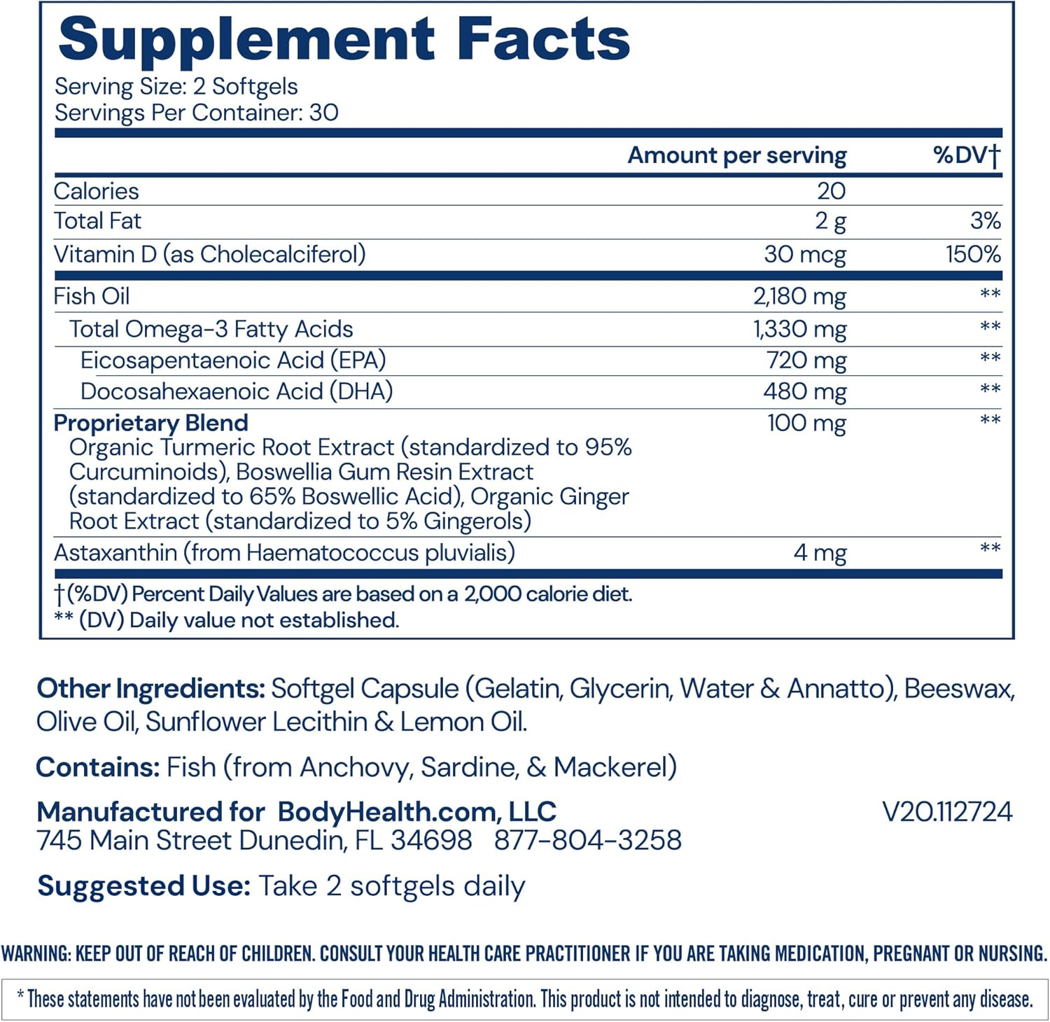 BodyHealth Omega 3 Health, Fish Oil Supplement for Women and Men, Heart and Brain Health, Fish Oil Pills, Fatty Acid Supplements, Omega 3 Vitamins - 60 Soft Gels
