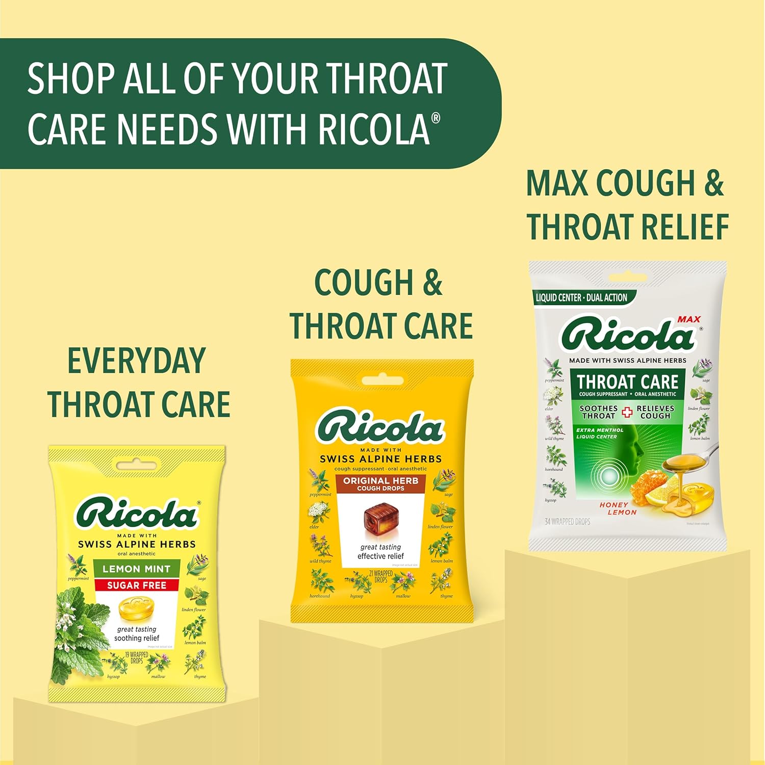 Ricola Sugar Free Swiss Herb Cough Drops, 45 Count, Cough Suppressant & Throat Relieving Drops with Naturally Sourced Menthol, Pleasing Taste for Coughs & Throat Irritation Symptom Relief