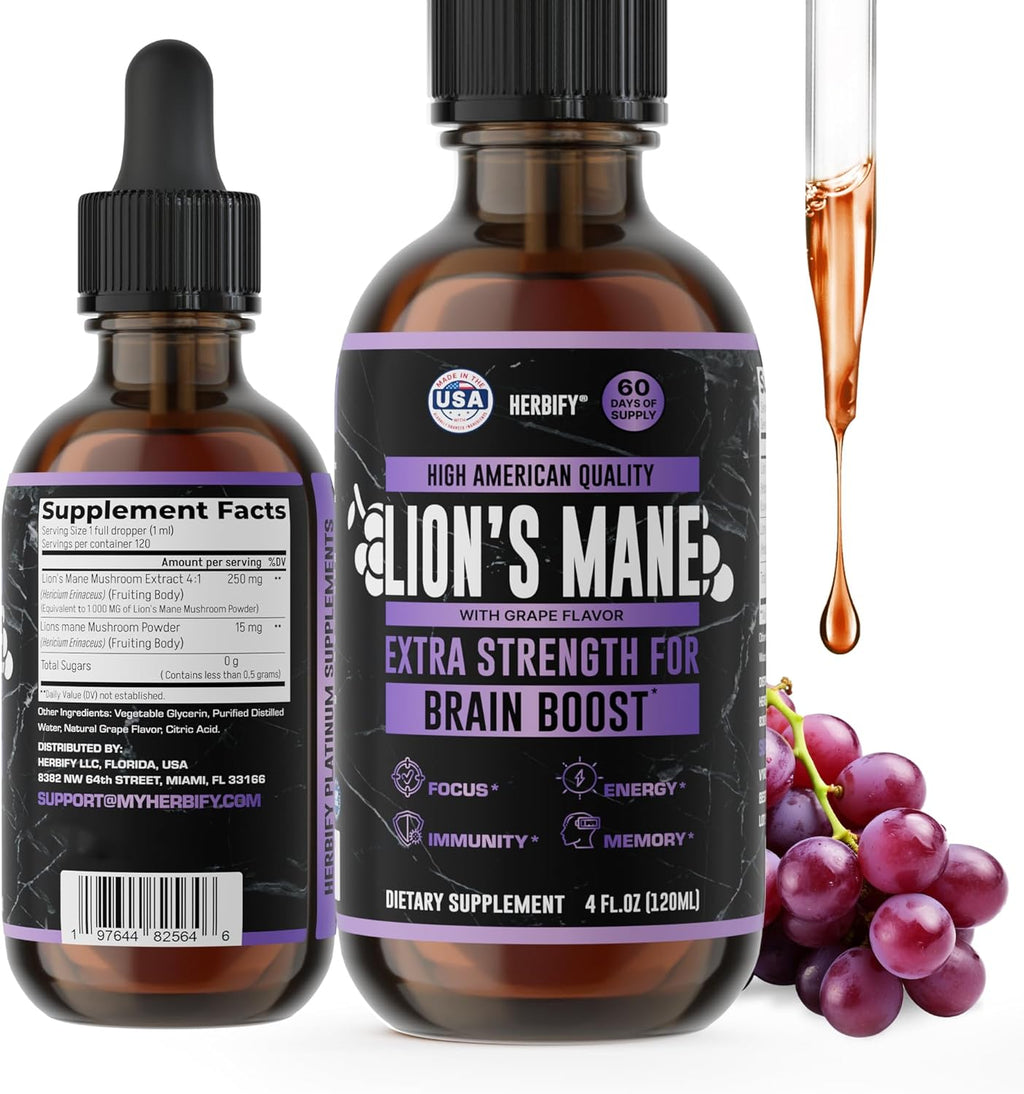 HERBIFY Lions Mane Supplement - Daily Mushroom Supplement for Memory, Focus & Clarity - Brain Booster - Lions Mane Tincture for Immune Support - 4 Fl oz Grape Flavor