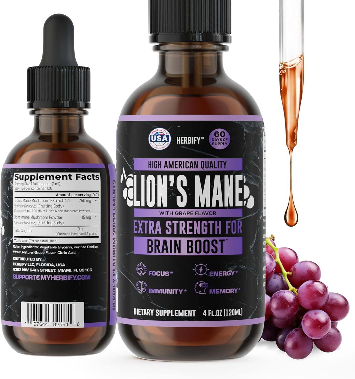 HERBIFY Lions Mane Supplement - Daily Mushroom Supplement for Memory, Focus & Clarity - Brain Booster - Lions Mane Tincture for Immune Support - 4 Fl oz Grape Flavor