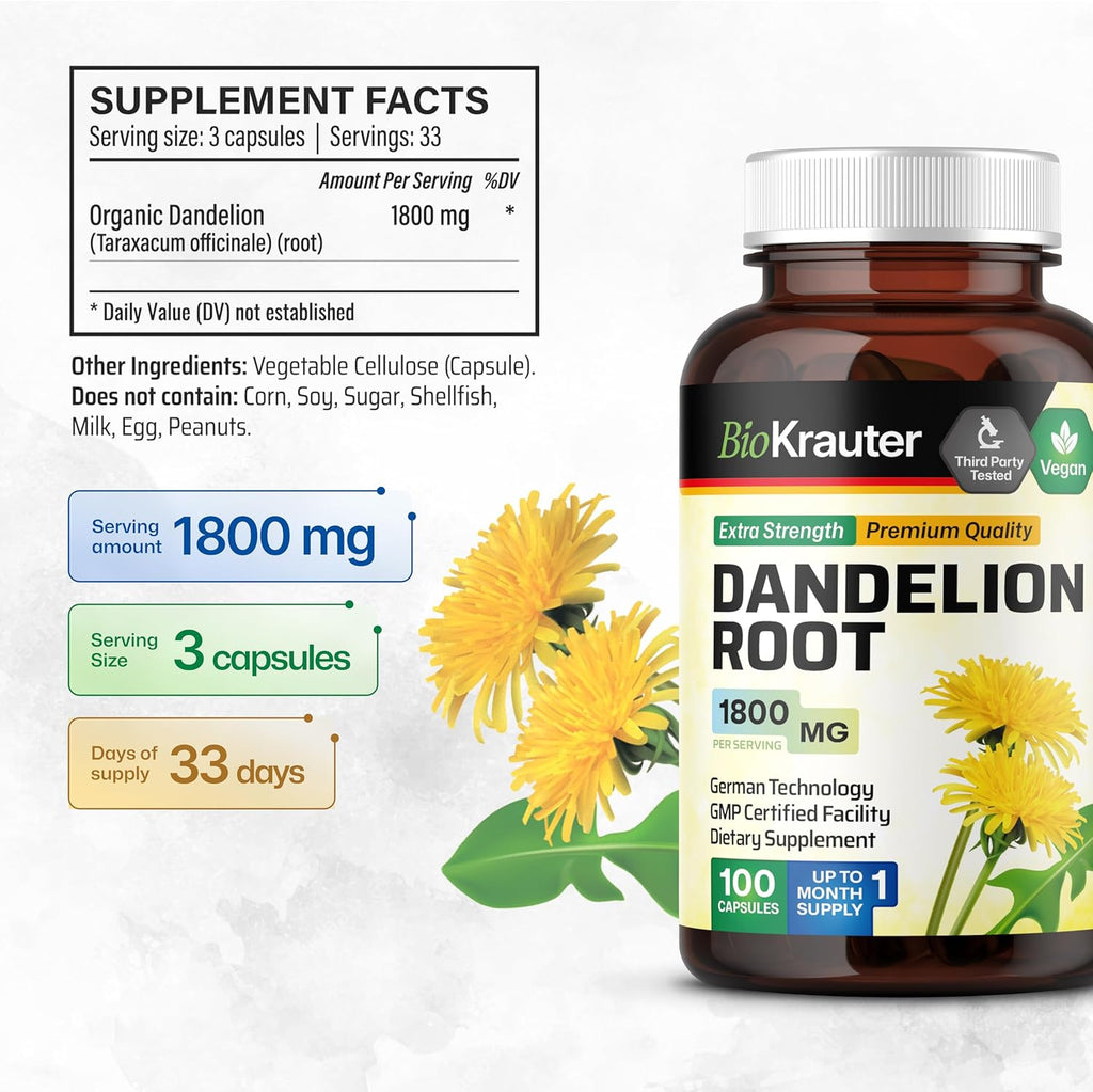 BIO KRAUTER® Dandelion Root Extract - Vegan & Pure Dandelion Root Capsules 1800 mg per Serving 100 Caps - Used for Liver & Kidney Support, Cleanse & Detox - No Fillers, Non-GMO - 33 Days of Supply