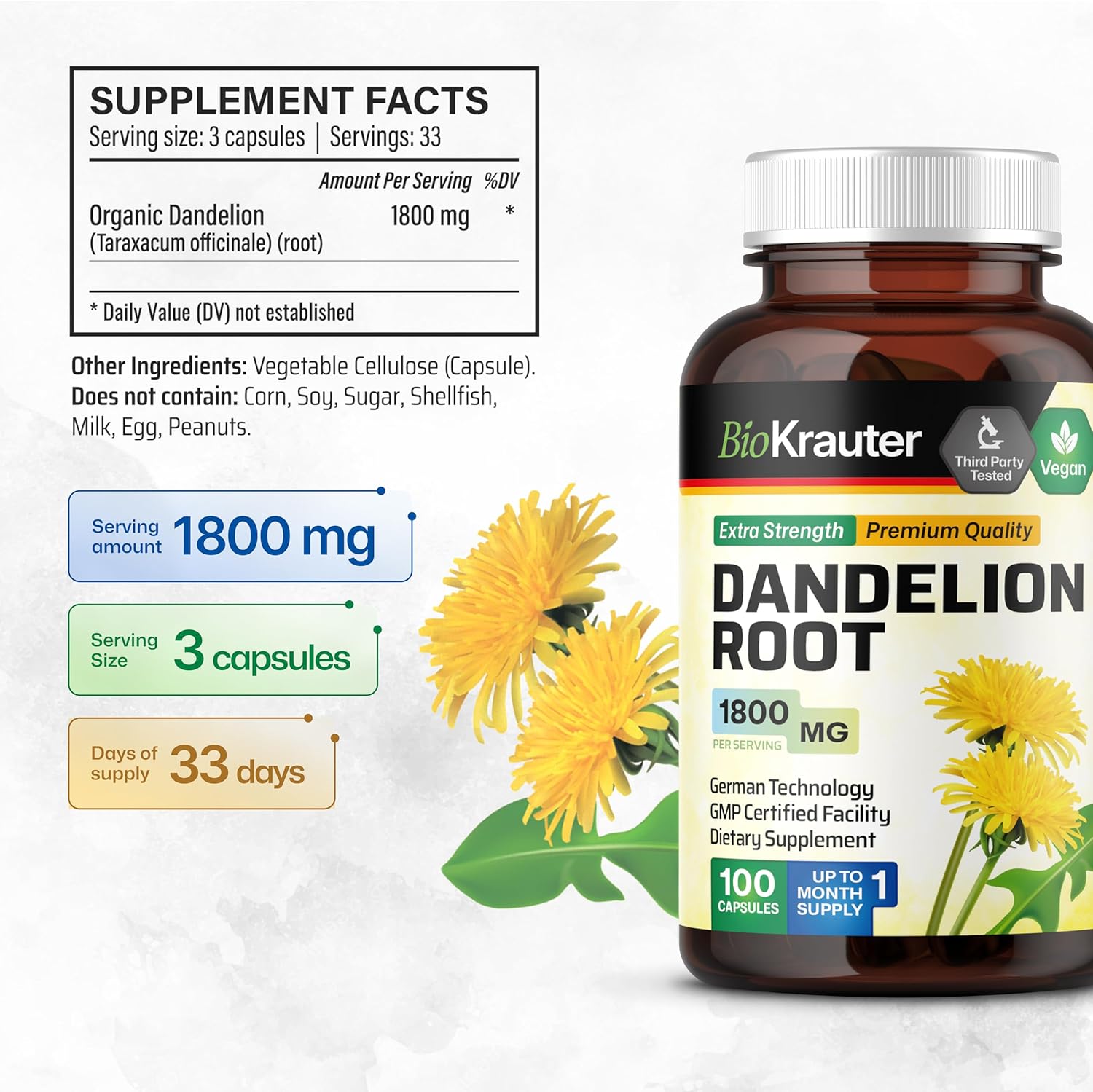 BIO KRAUTER® Dandelion Root Extract - Vegan & Pure Dandelion Root Capsules 1800 mg per Serving 100 Caps - Used for Liver & Kidney Support, Cleanse & Detox - No Fillers, Non-GMO - 33 Days of Supply