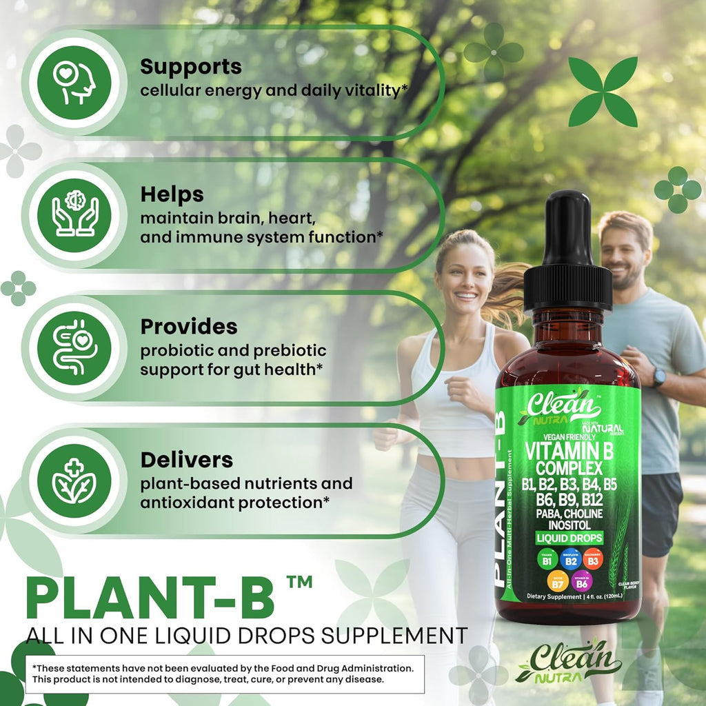 Vitamin B Complex Liquid Drops | Thiamine B1, B6, B2, B3, B4, B5, B7 B9, B12, Niacinamide, Paba, Choline Inositol Taurine Probiotics Beet Root Spirulina - Plant-B Vitamin Supplements - Clean Nutra (2)