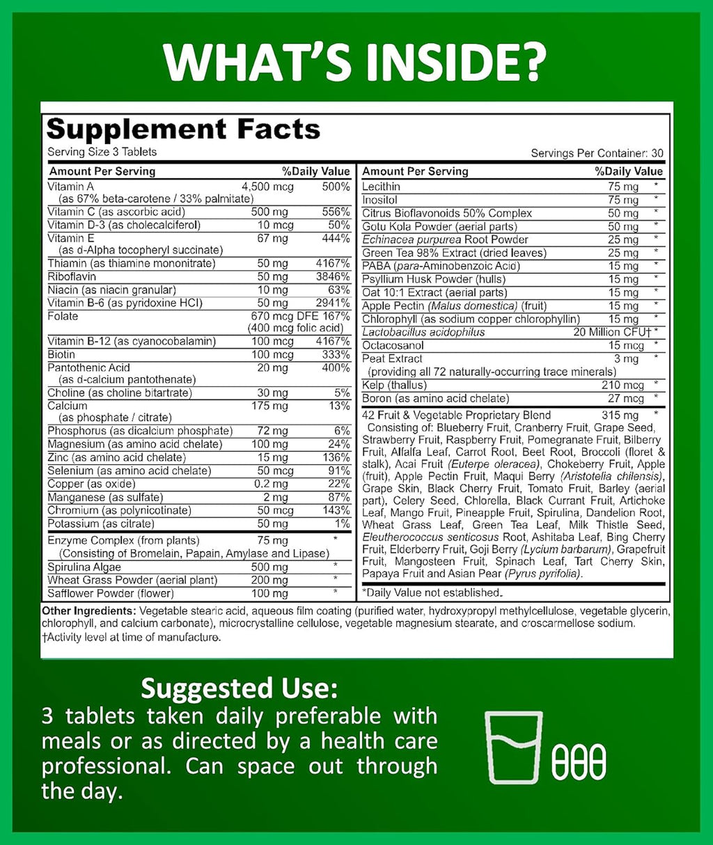 Potent Garden Adult Multivitamin for Women & Men, 42 Fruits & Vegetables Plus Probiotics, Supports Energy Metabolism & Immune System, Daily Multivitamin for Men & Women Non-GMO, 90 Tabs, 30 Servings