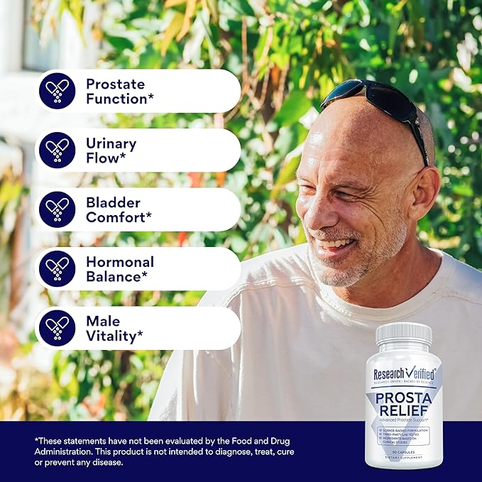 Research Verified® Prosta Relief - Saw Palmetto and Bioperine® - Prostate Health; Bladder & Urinary Health, Drive and Performance; Pure Natural, 90 Capsules (Pack of 2)