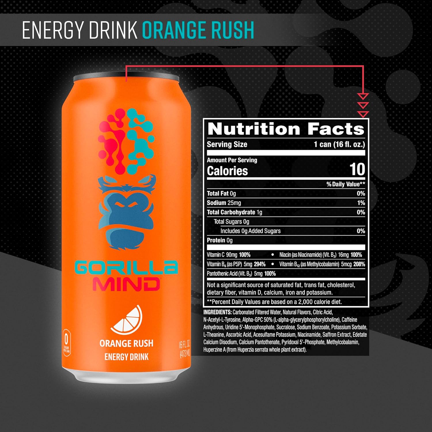 Gorilla Mind Energy Drink | Unmatched Energy · Amplified Focus | N-Acetyl-L-Tyrosine, Alpha-GPC, 200mg Caffeine, Uridine, Saffron | 0 Sugar Or Artificial Colors | 16oz, 12-Pack (Orange Rush)
