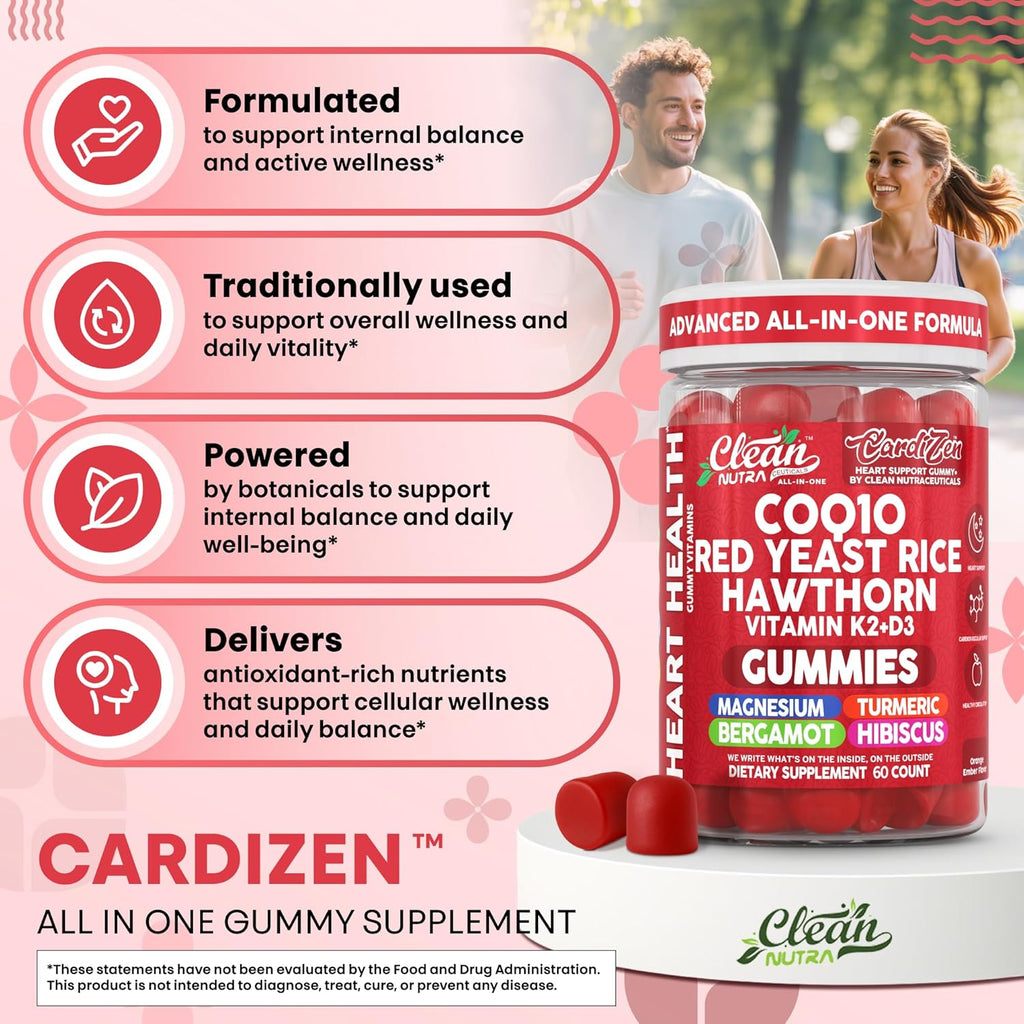Clean Nutra CoQ10 Gummies Red Yeast Rice Hawthorn K2 Vitamin Supplement Magnesium Glycinate Turmeric Citrus Bergamot Hibiscus VIT D K Fenugreek Garlic Supplements Heart Support Gummy 60ct
