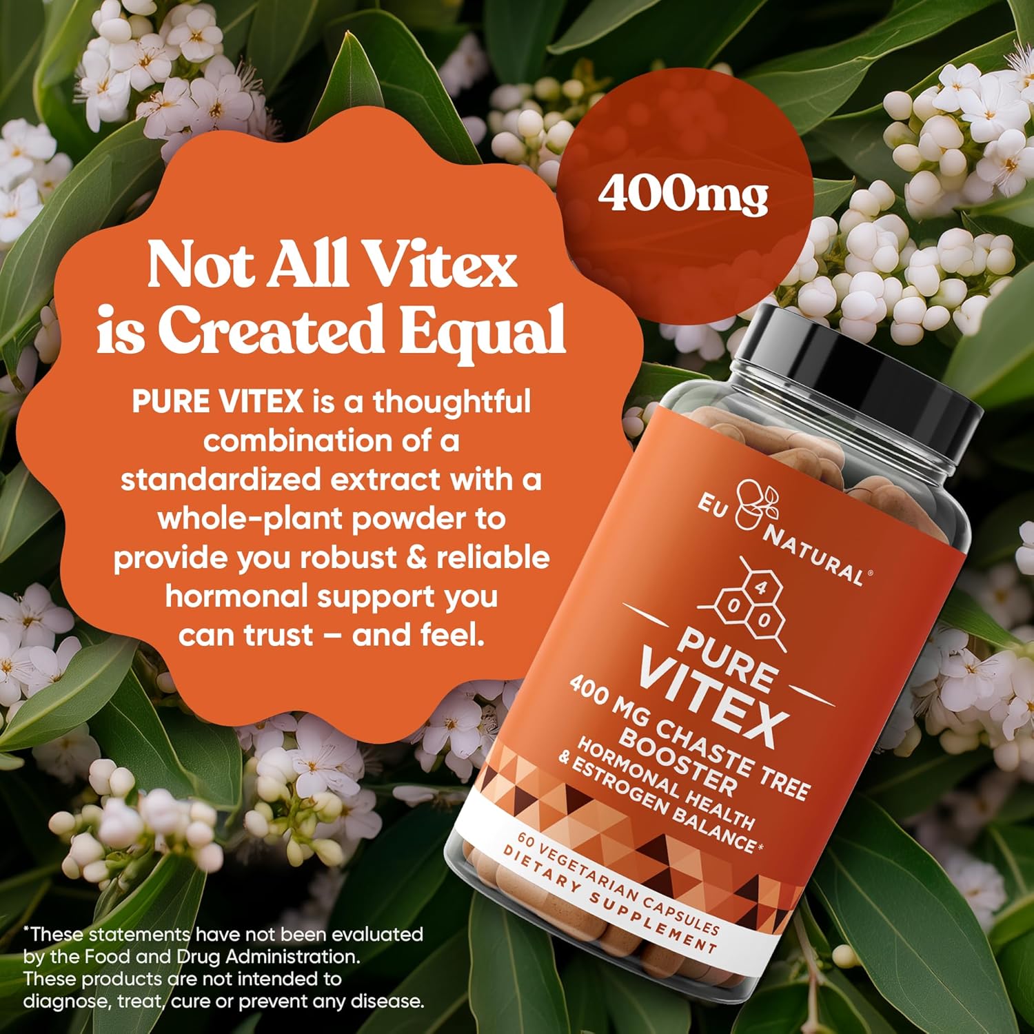 Vitex Pure 400 Mg Chasteberry – Natural PMS Support, Balance Hormones, Regulate Cycle, Promote Skin Health – Full-Spectrum & Standardized – 60 Vegan Soft Capsules