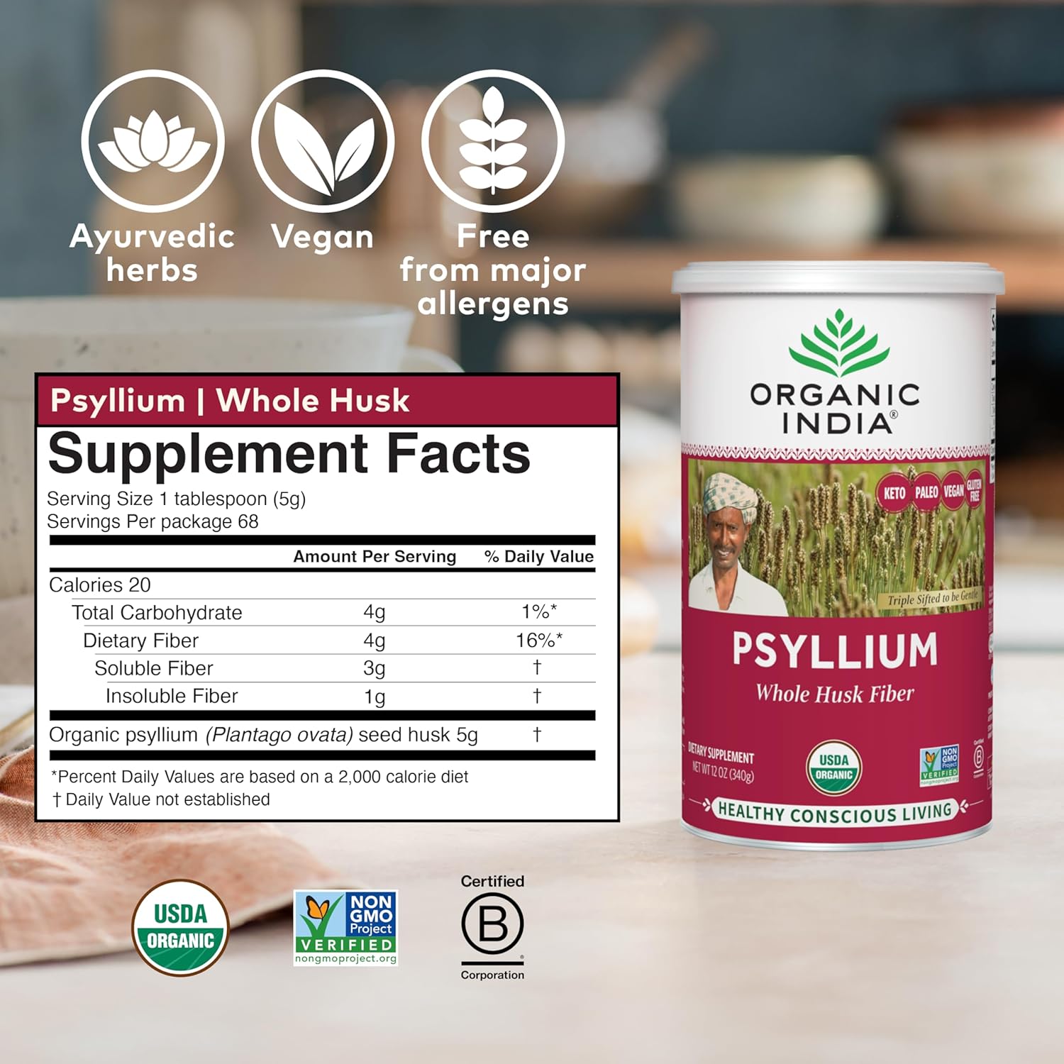 ORGANIC INDIA Whole Psyllium Husk Powder Organic - Psyllium Husk Fiber Supplement, Digestion Support, Vegan, Gluten-Free, Non-GMO, Soluble & Insoluble Fiber Source - 12 oz (Pack of 2)