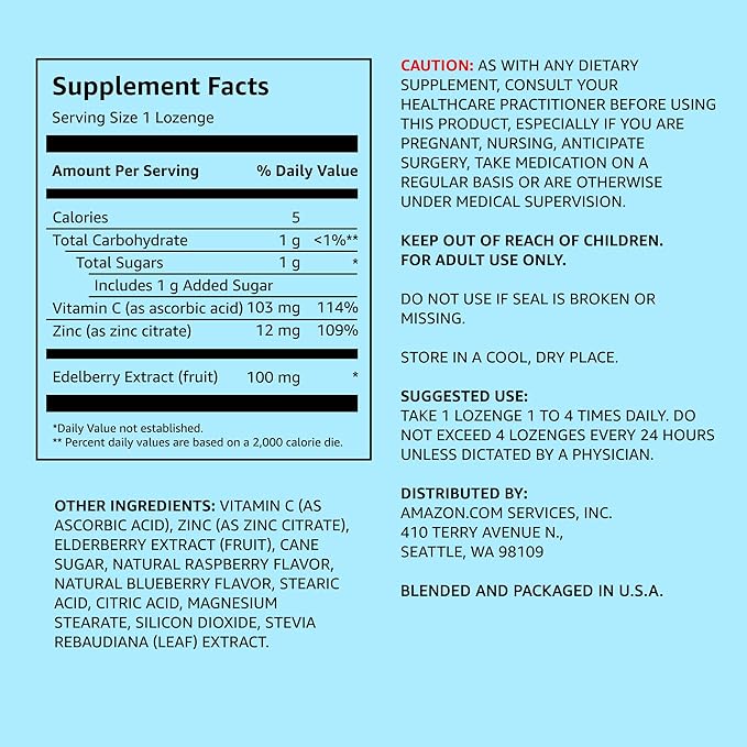 Amazon Elements Elderberry Complex Berry Flavored Immune System Support Lozenges, Adult, 60 Count, (Packaging May Vary) (Pack of 2)