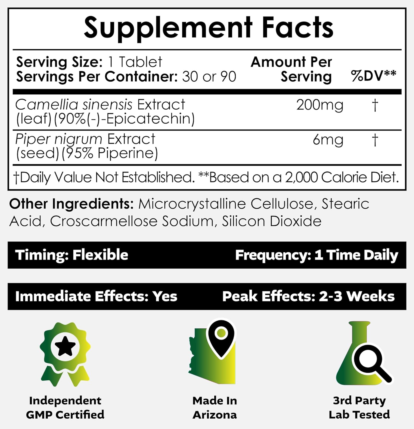 Nootropics Depot Epicatechin Tablets | 200mg (−)−Epicatechin + 6mg Piperine for Bioavailability | Green Tea Extract | Promotes Muscle Mass, Cardiovascular Health, and Energy | 90 Count