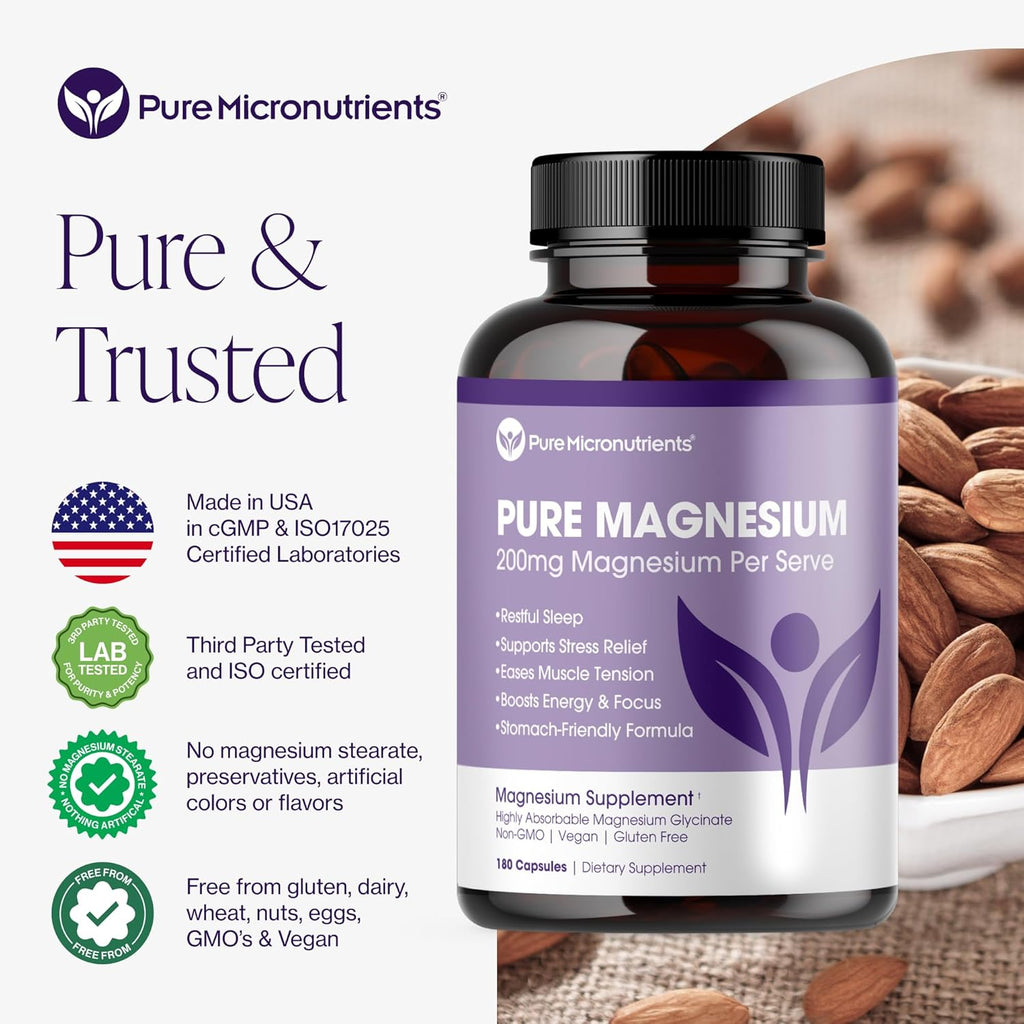 Pure Magnesium Glycinate Supplement – Highly Absorbable Chelated Magnesium for Sleep, Muscle & Nerve Health, Energy, Relaxation & Bone Health – 200mg Per Serving, 180 Capsules