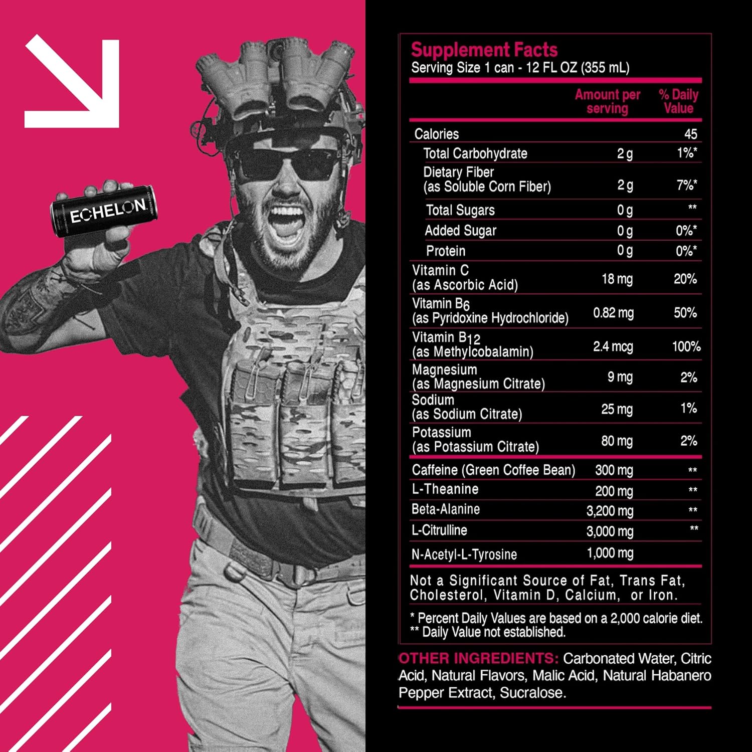 Echelon Pre-Workout Energy Drink | Berry Habanero | 12 Pack | Sustained Energy, Focus and Endurance Dietary Supplement | 300mg of Caffeine | Beta-Alanine, L-Theanine & Fiber | Vegan