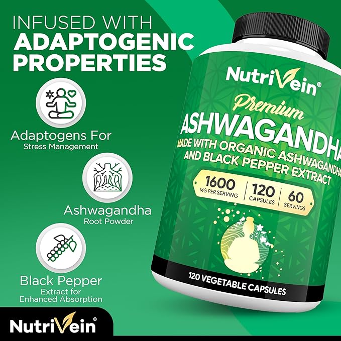 Nutrivein Ashwagandha for Men & Women - 1600mg - Enhanced with Black Pepper - High-Absorption Root Powder Ashwagandha Supplements for Mood Balance, Restful Sleep, & Focus - 120 Vegan Capsules