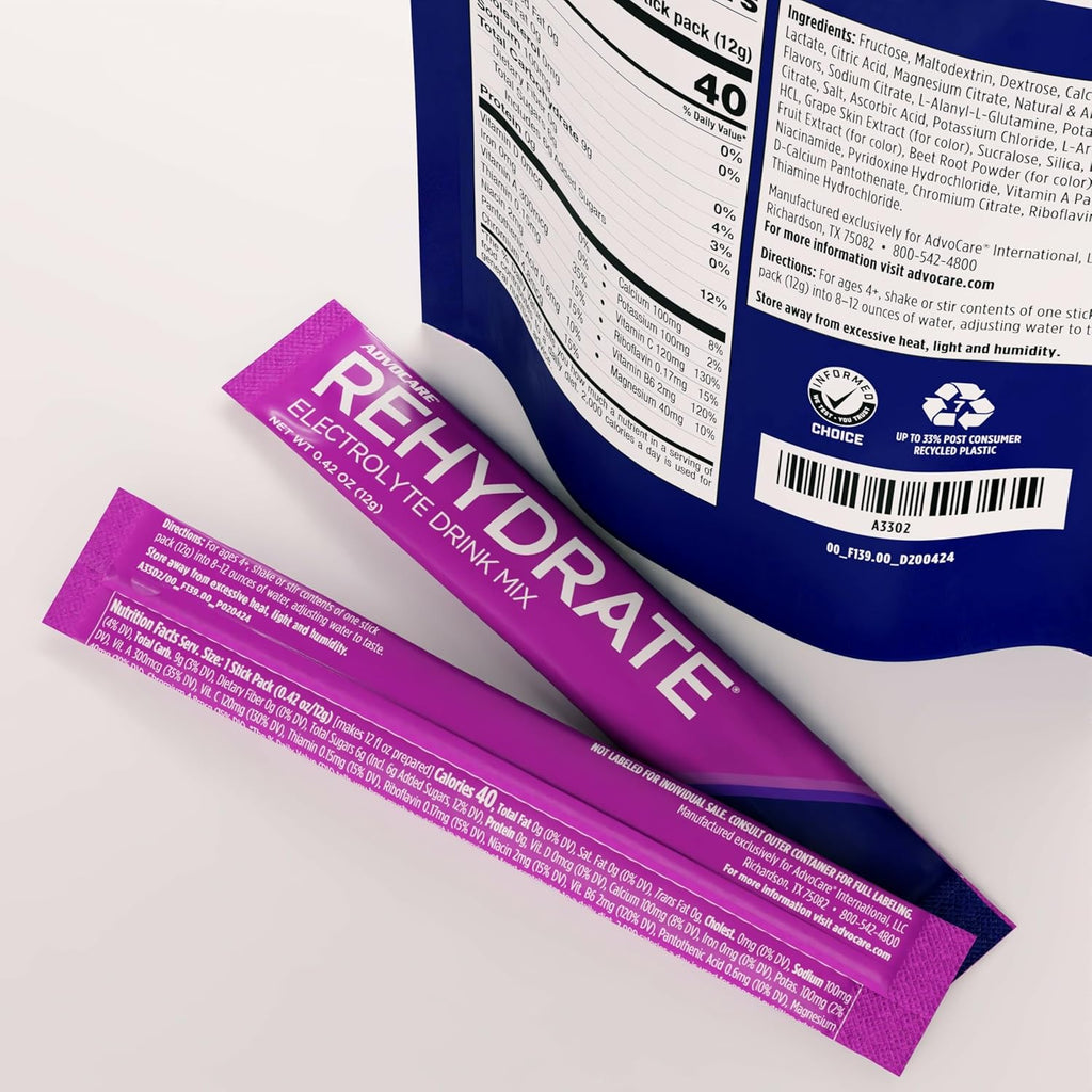 AdvoCare Rehydrate - Electrolyte Drink Mix - Includes Magnesium, Sodium, Potassium & Calcium - Antioxidant & Amino Acid Fortified - Hydration & Recovery - Grape, 15 Stick Packs (6.3 oz)