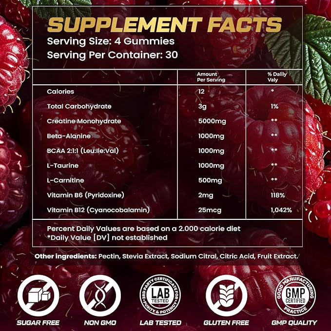 Creatine Monohydrate Gummies for Men & Women, 9000MG Creatine Gummies Sugar Free with L-Taurine, BCAA 2:1, B12 B6 for Boost Strength, Focus & Endurance, Vegan, Non-GMO, Raspberry 120*2 Bottle
