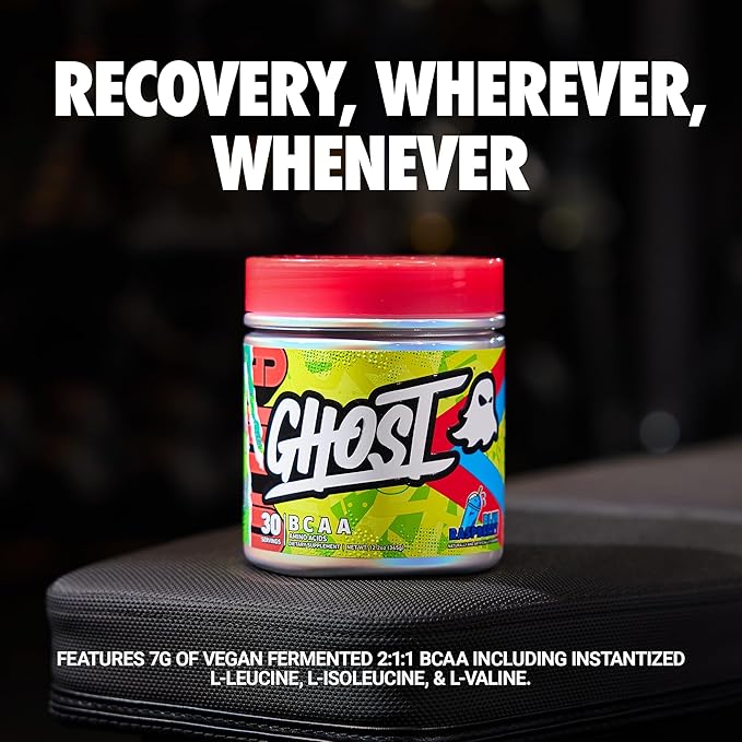 GHOST BCAA Powder Amino Acids Supplement, Blue Raspberry - 30 Servings - Sugar-Free Intra, Post & Pre Workout Amino Powder & Recovery Drink, 7G BCAA