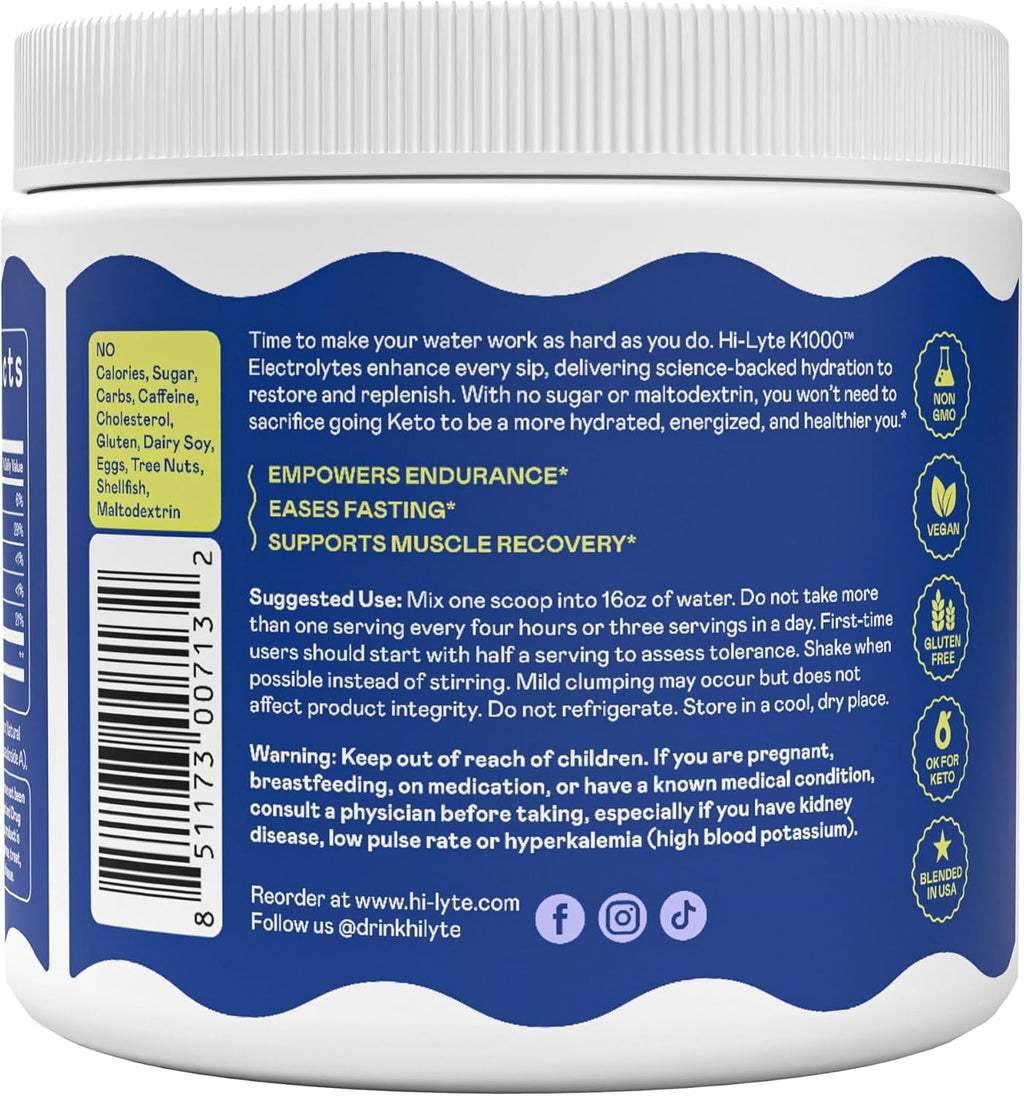 Hi-Lyte K1000 Electrolytes Powder Blue Raspberry Keto & Performance, 50 Servings