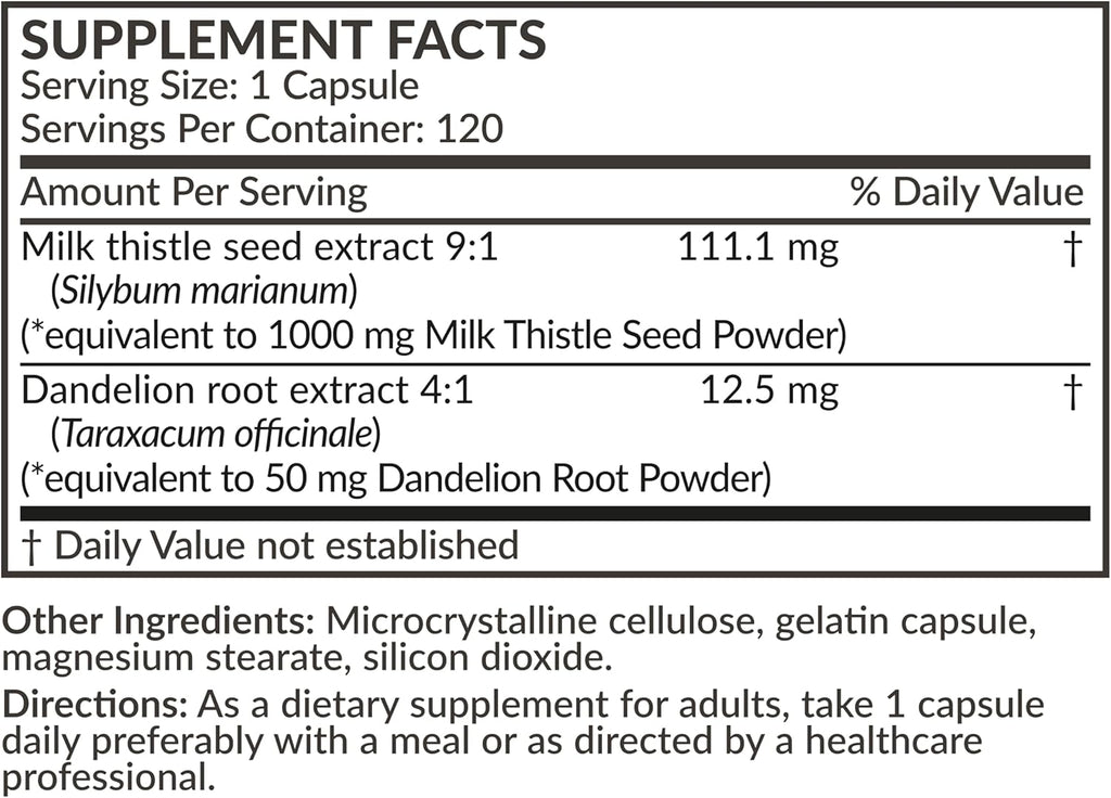 Futurebiotics Milk Thistle Silymarin Marianum & Dandelion Root Liver Health Support, Antioxidant Support, Detox, 120 Capsules