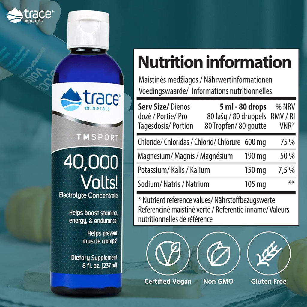 Trace Minerals 40,000 Volts - Concentrate Supplement Drops for Electrolyte Support - Support Muscle Health & Vitality - Workout Drink to Aid Hydration - 8 fl oz (48 Servings)