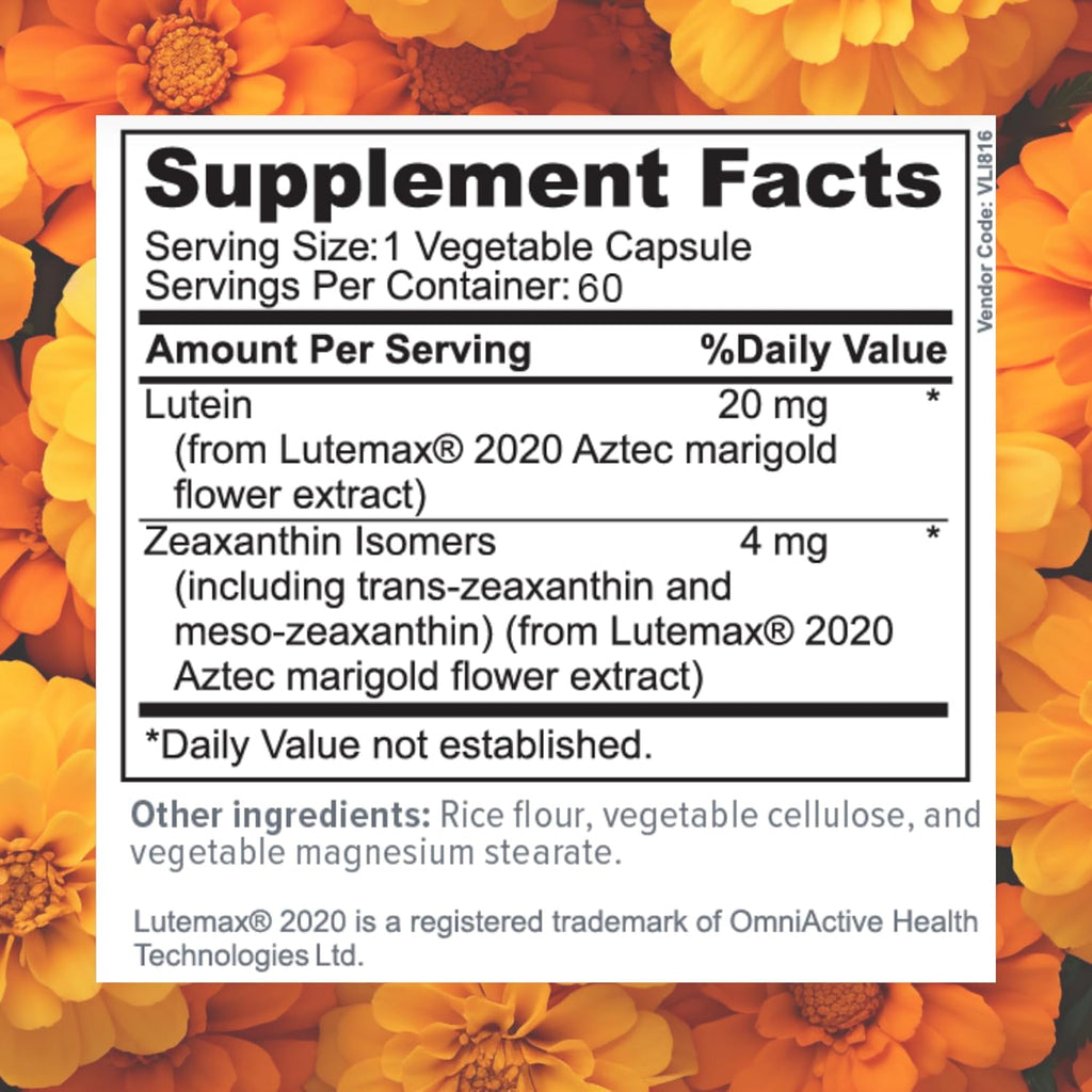 Focus Lutein for Eyes with Meso-Zeaxanthin, Eye Vitamin Supplement, 60 Count, 60 Day Supply, Daily Vision Support for Digital Screens, Bright Lights, Sunlight, Vegan and Sugar-Free, Made in USA
