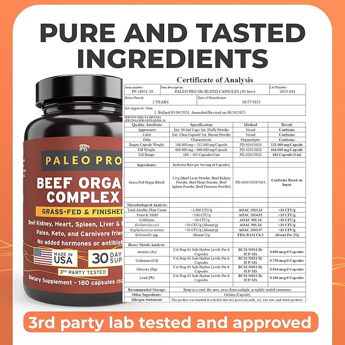 Paleo Pro O.G. Blend Premium Beef Organs Capsules, Kidney, Heart, Liver, Spleen and Pancreas from Grass Fed & Pastured Cows, Dietary Supplement, No GMO, 180 Capsules (Beef Organ Complex)