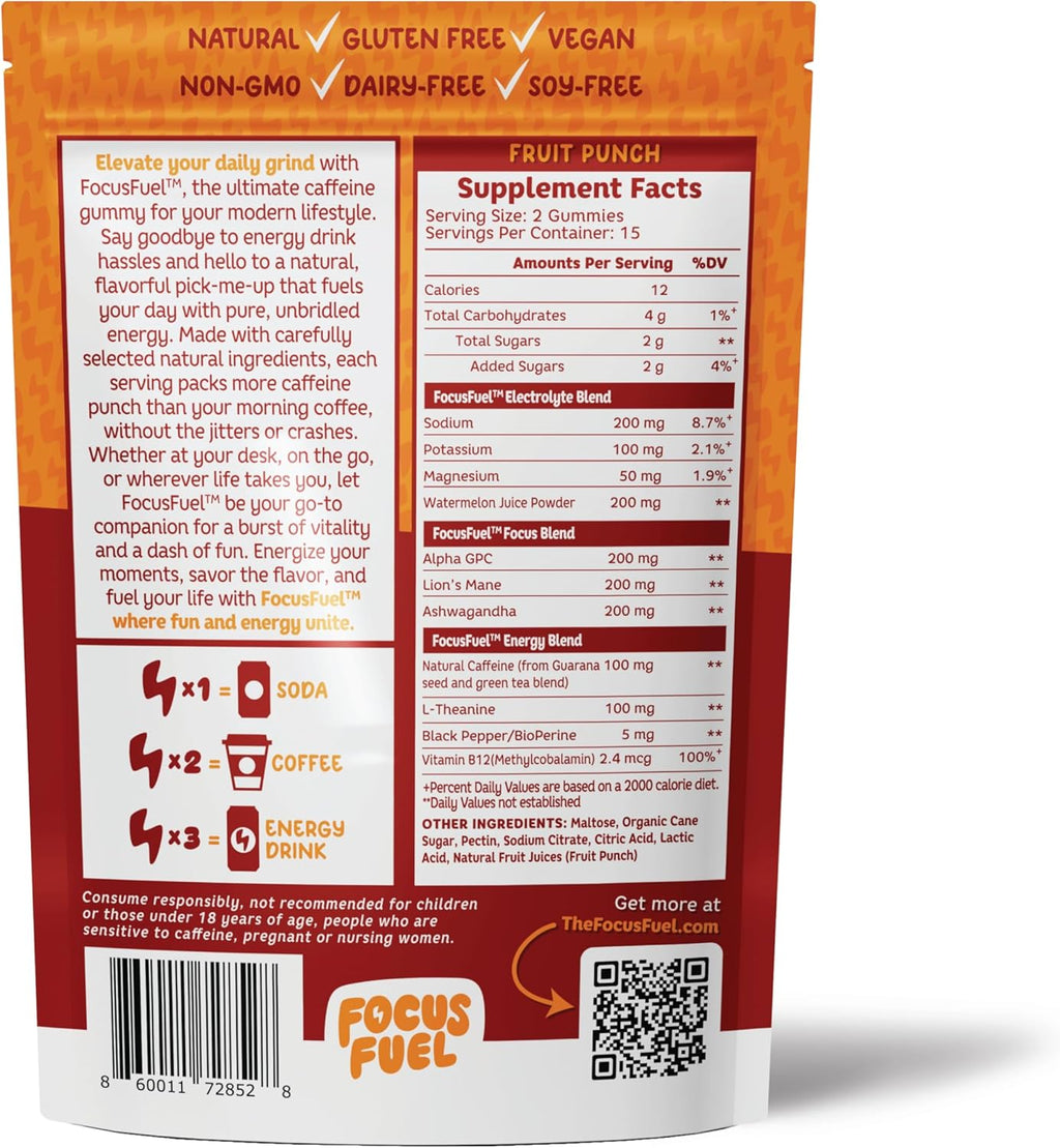 Energy Chews – Fruit Punch Flavor (15 Servings) – 100mg Caffeine + L-Theanine + B12, Magnesium – Boost Focus & Energy – No Crash or Jitters