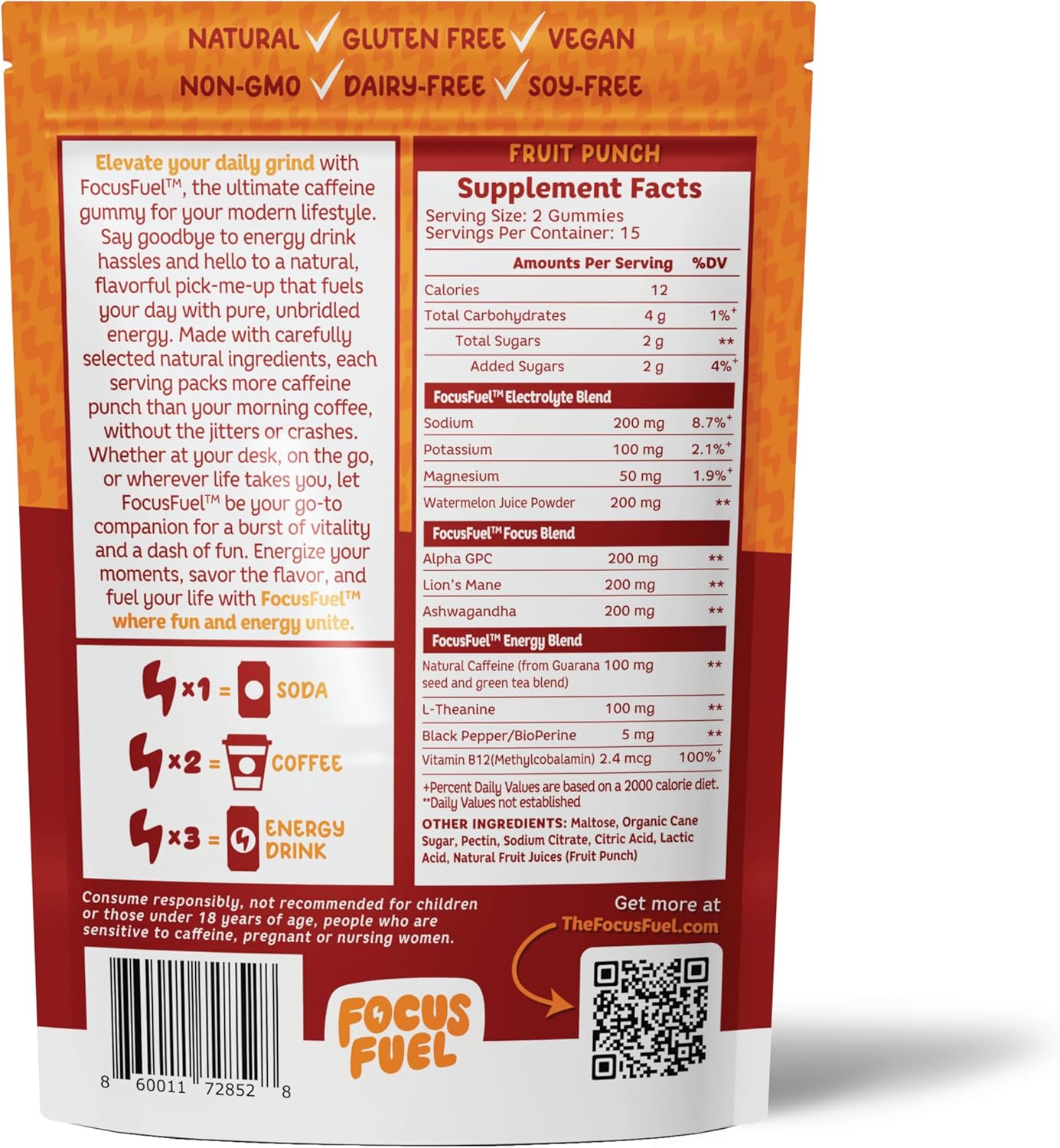 Energy Chews – Fruit Punch Flavor (15 Servings) – 100mg Caffeine + L-Theanine + B12, Magnesium – Boost Focus & Energy – No Crash or Jitters