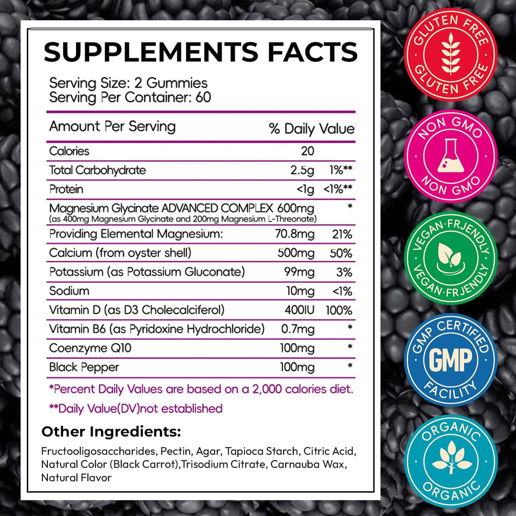 Magnesium Glycinate Gummies for Adults, High Absorption Vitamin Manganese Gummies with L-Threonate, Calcium, B6, D3, Sugar Free Chews, Relaxation, Stress Relief, Night Rest