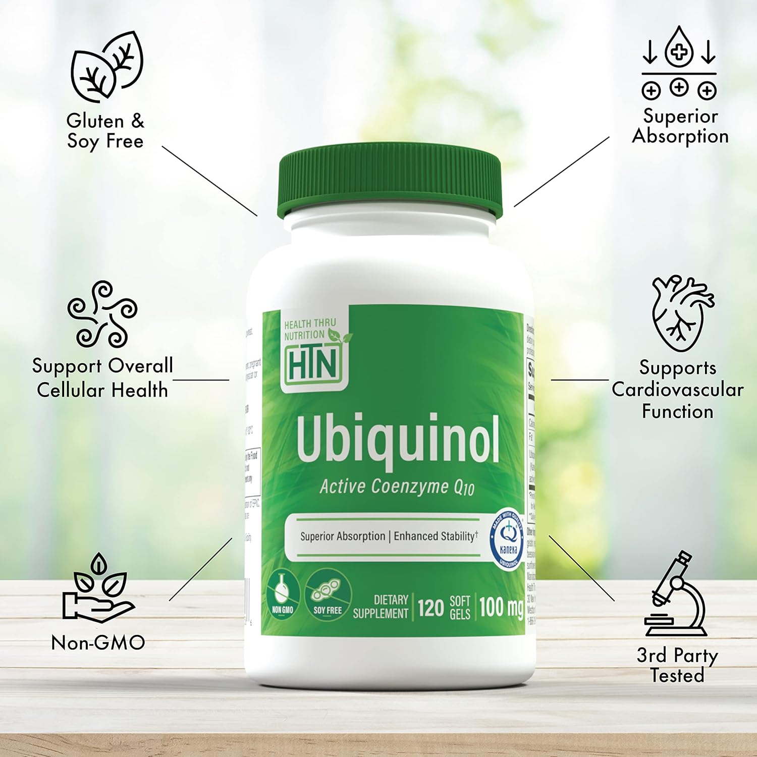 Health Thru Nutrition Ubiquinol 100mg 120 Softgels as Kaneka QH Reduced CoQ-10 | Stabilized - 3rd Party Tested | Enhanced Bioavailability | Cardiovascular & Mitochondria Function Support | Non-GMO
