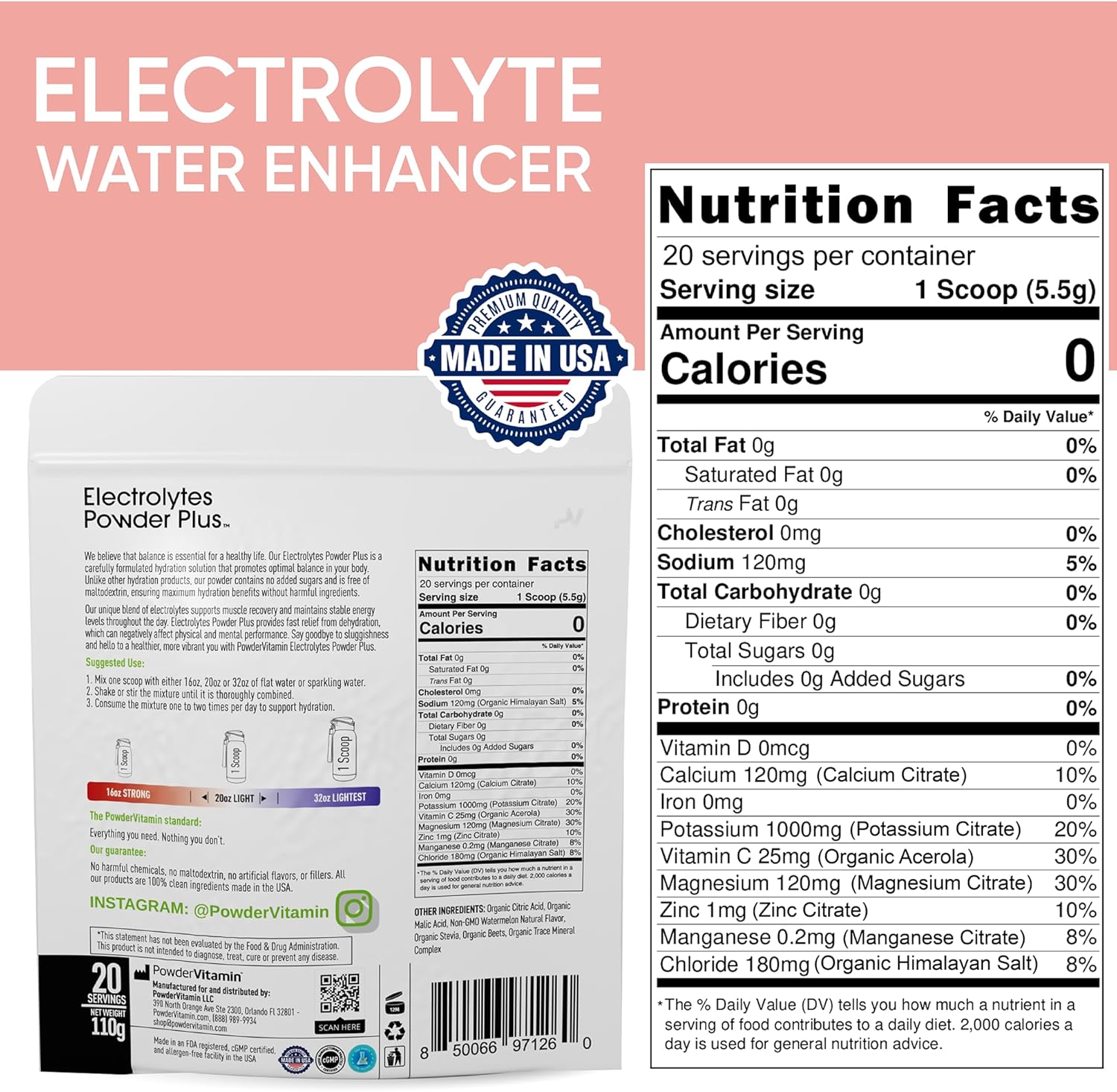 PowderVitamin Electrolytes Powder Plus (20 Servings) Watermelon Electrolyte Powder Zero Calorie Keto,0 Sugar, No Maltodextrin,1000mg Potassium,120mg Calcium,120mg Magnesium, Pink Himalayan Salt