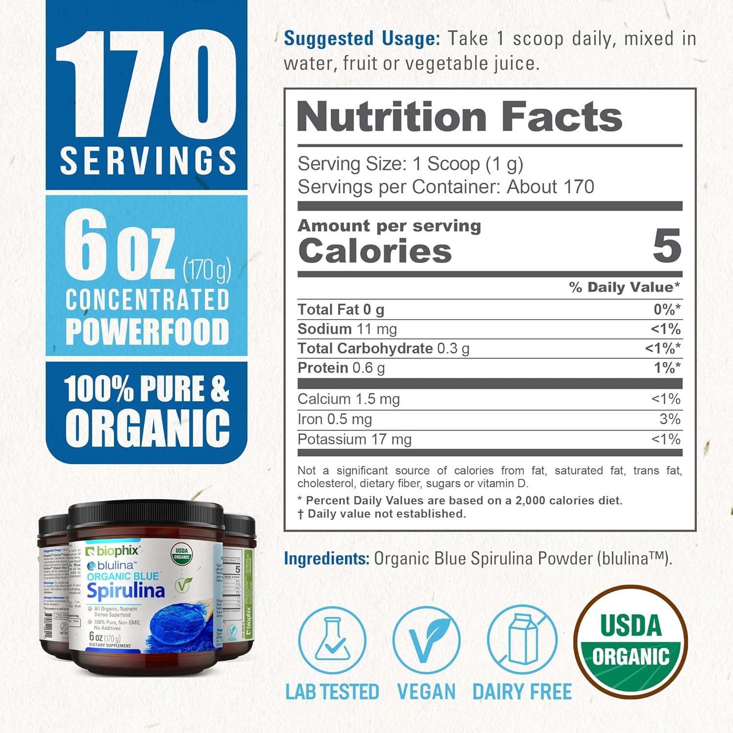 biophix Blue Spirulina Powder Organic Blulina 6 oz - Algae Organic Spirulina Powder 170 Servings - Superfood Supplement - Natural Blue Pigment - Espirulina en Polvo Organica Pura Azul